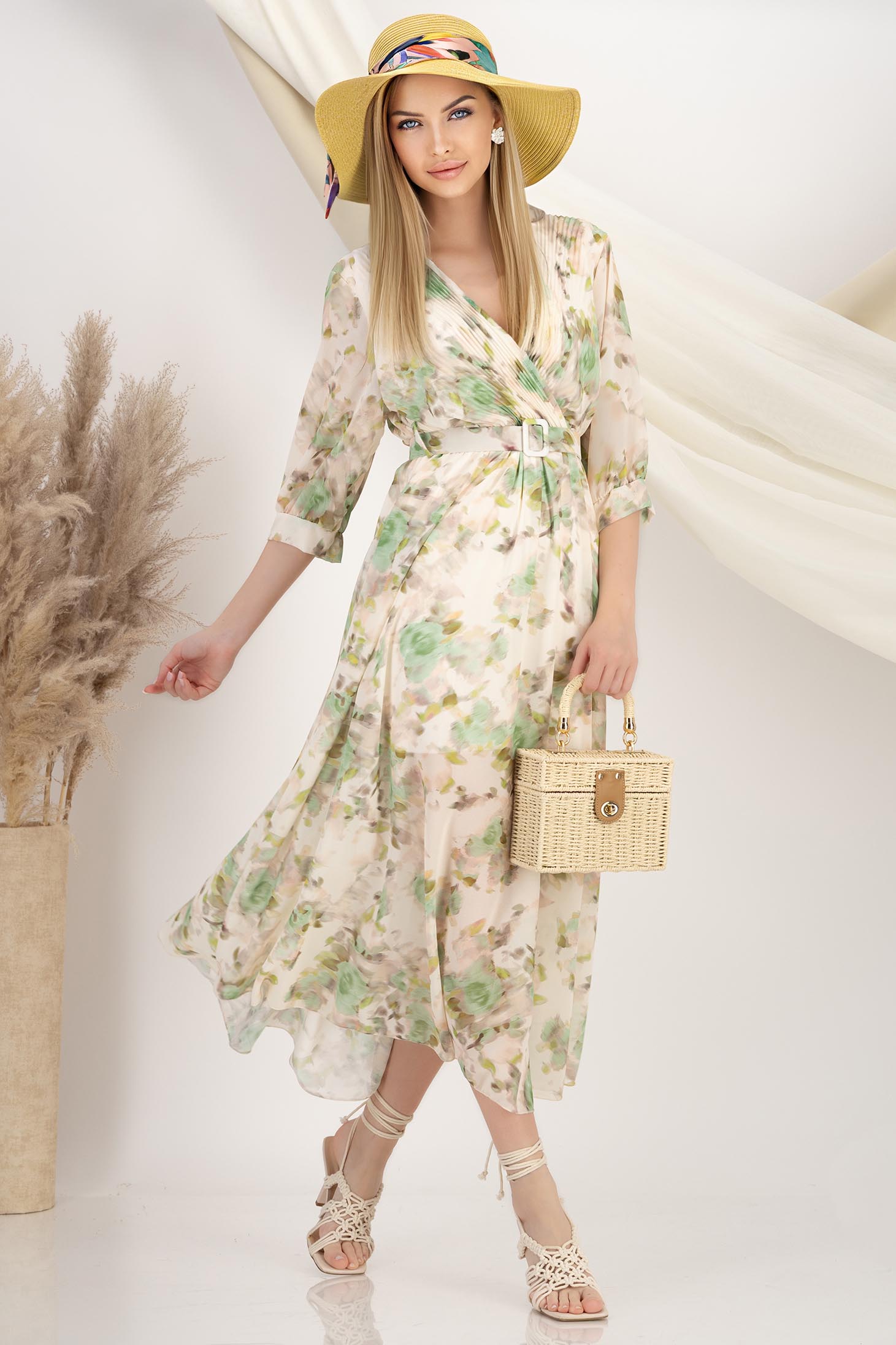 Rochie din voal mint midi in clos cu elastic in talie si accesoriu tip curea 1 - StarShinerS.ro