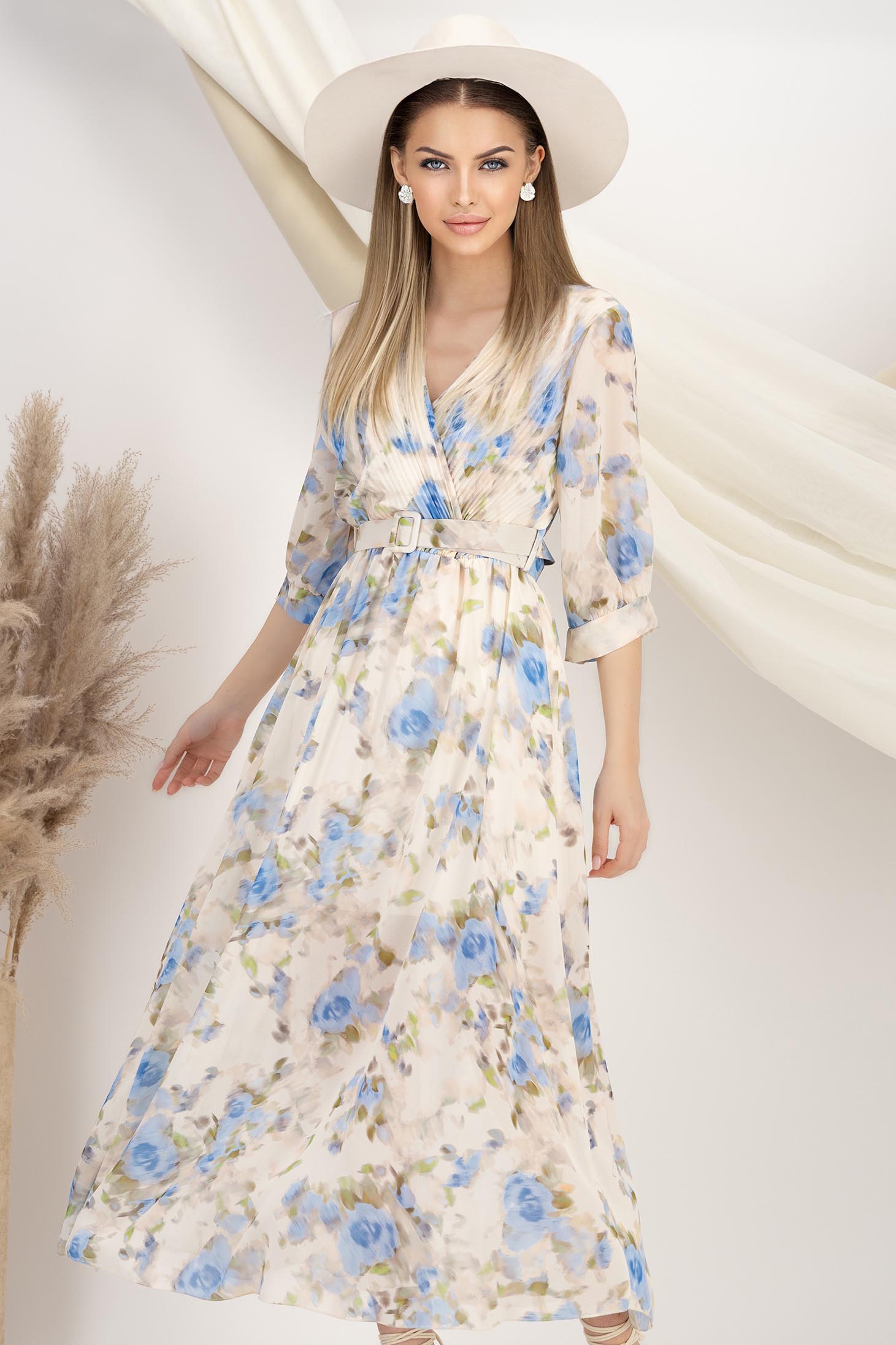 Rochie din voal albastra midi in clos cu elastic in talie si accesoriu tip curea 1 - StarShinerS.ro