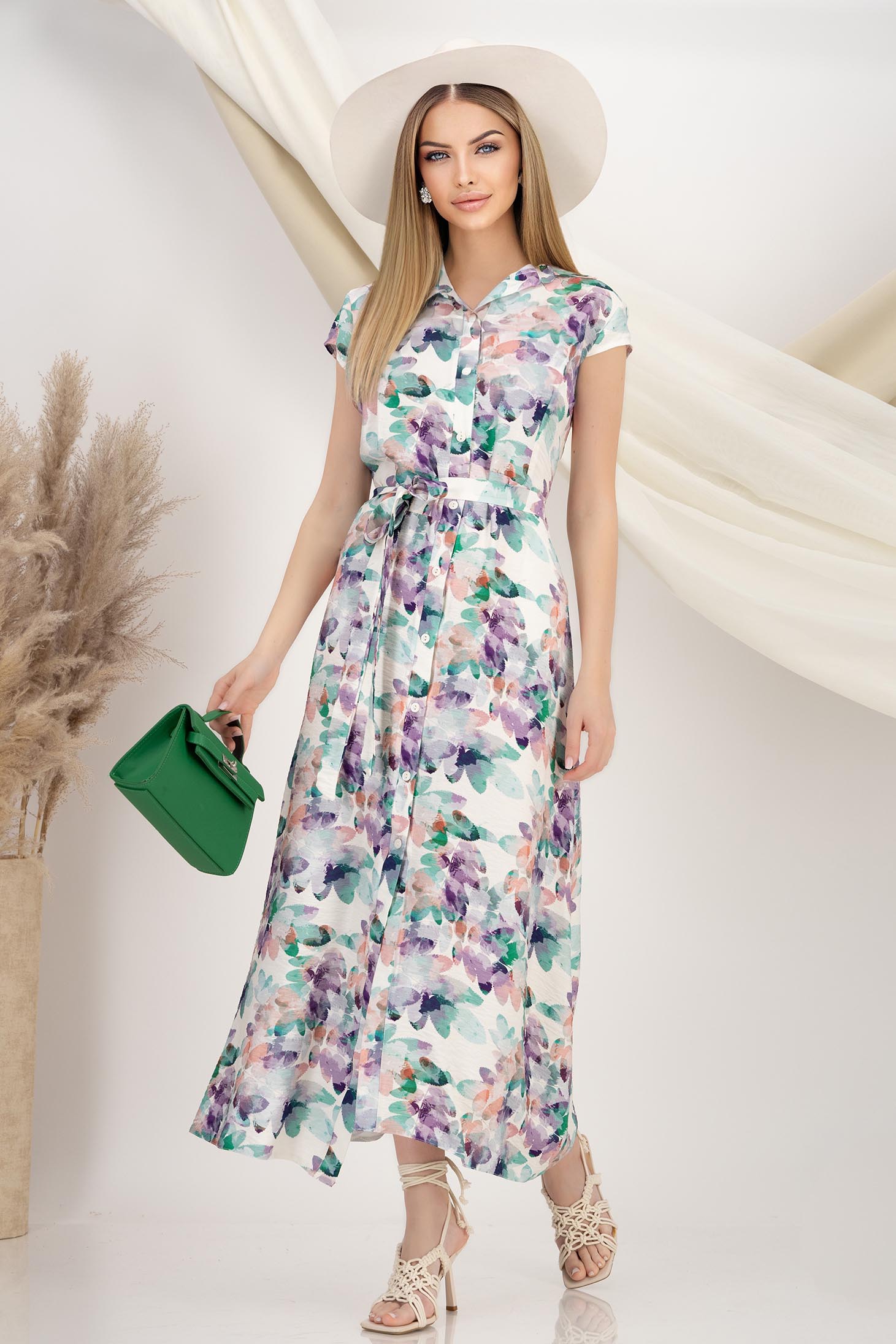 Rochie tip camasa din in multicolora maxi accesorizata cu cordon si imprimeu floral 1 - StarShinerS.ro