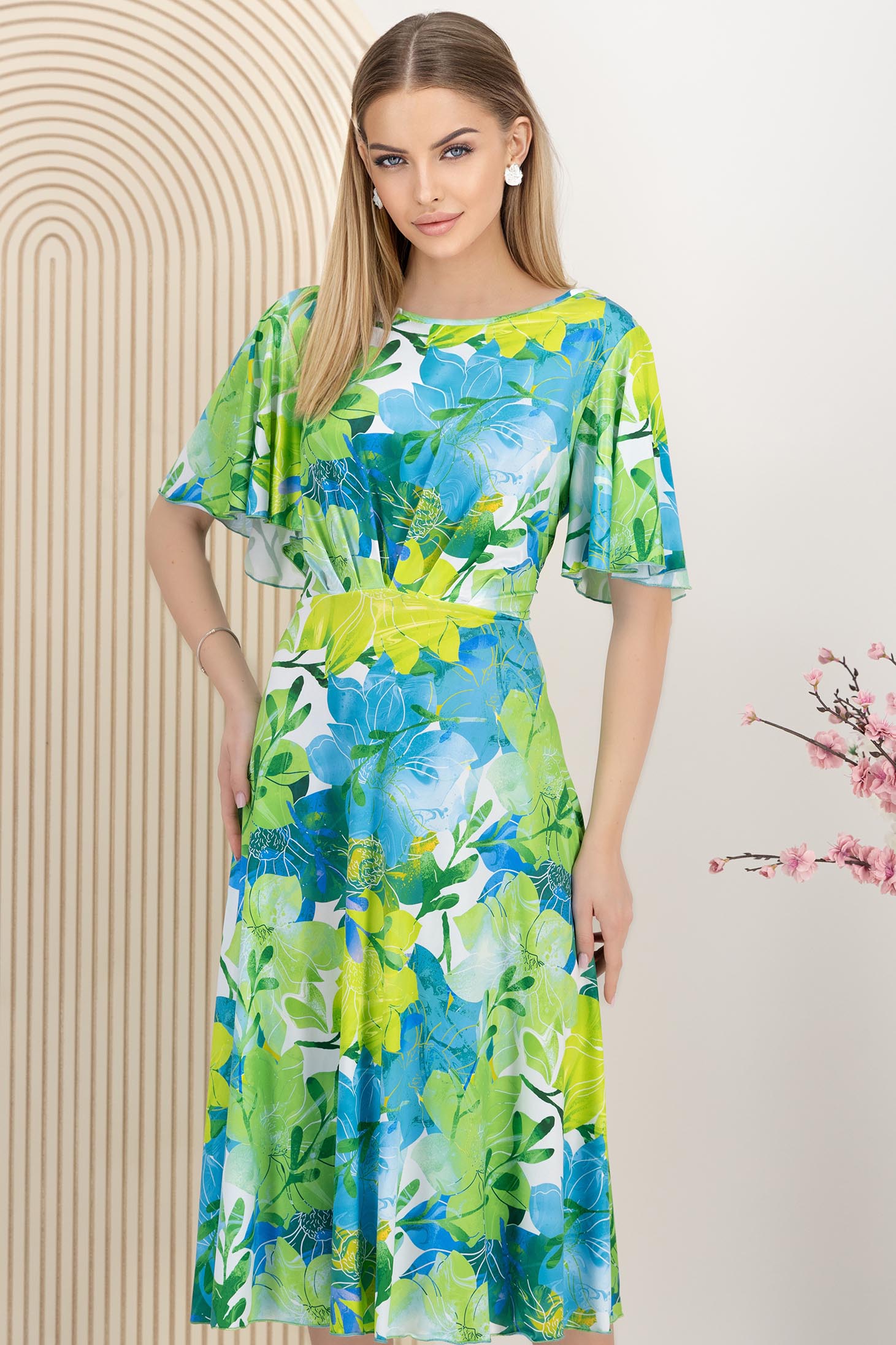 Rochie din lycra verde midi in clos cu maneca tip fluture imprimata floral 1 - StarShinerS.ro