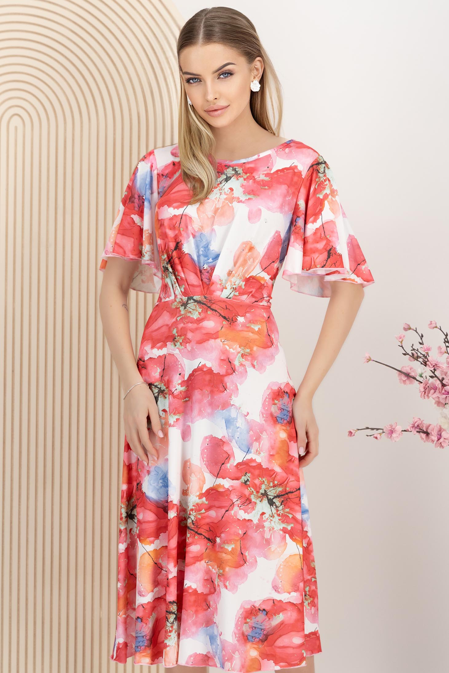 Rochie din lycra roz midi in clos cu maneca tip fluture imprimata floral 1 - StarShinerS.ro