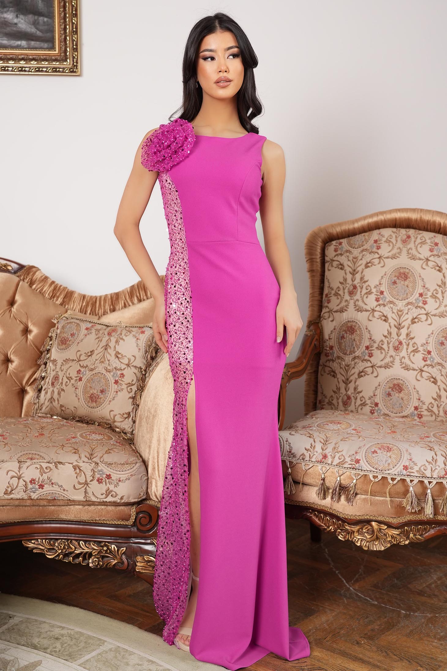 Rochie tip sirena din crep si paiete fuchsia cu detaliu pe umar - StarShinerS 1 - StarShinerS.ro