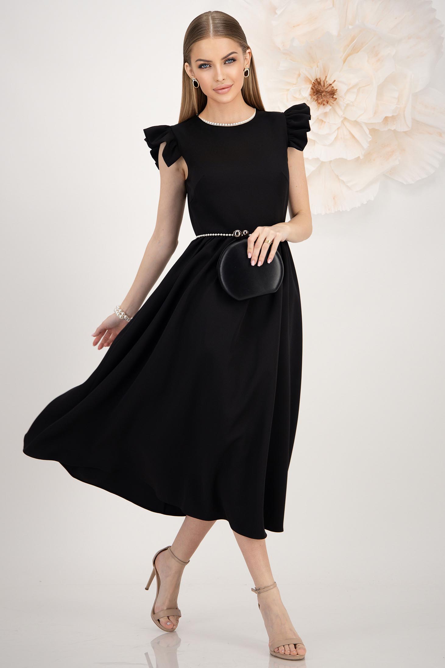 Rochie din stofa elastica neagra midi in clos cu aplicatii cu perle - StarShinerS 1 - StarShinerS.ro