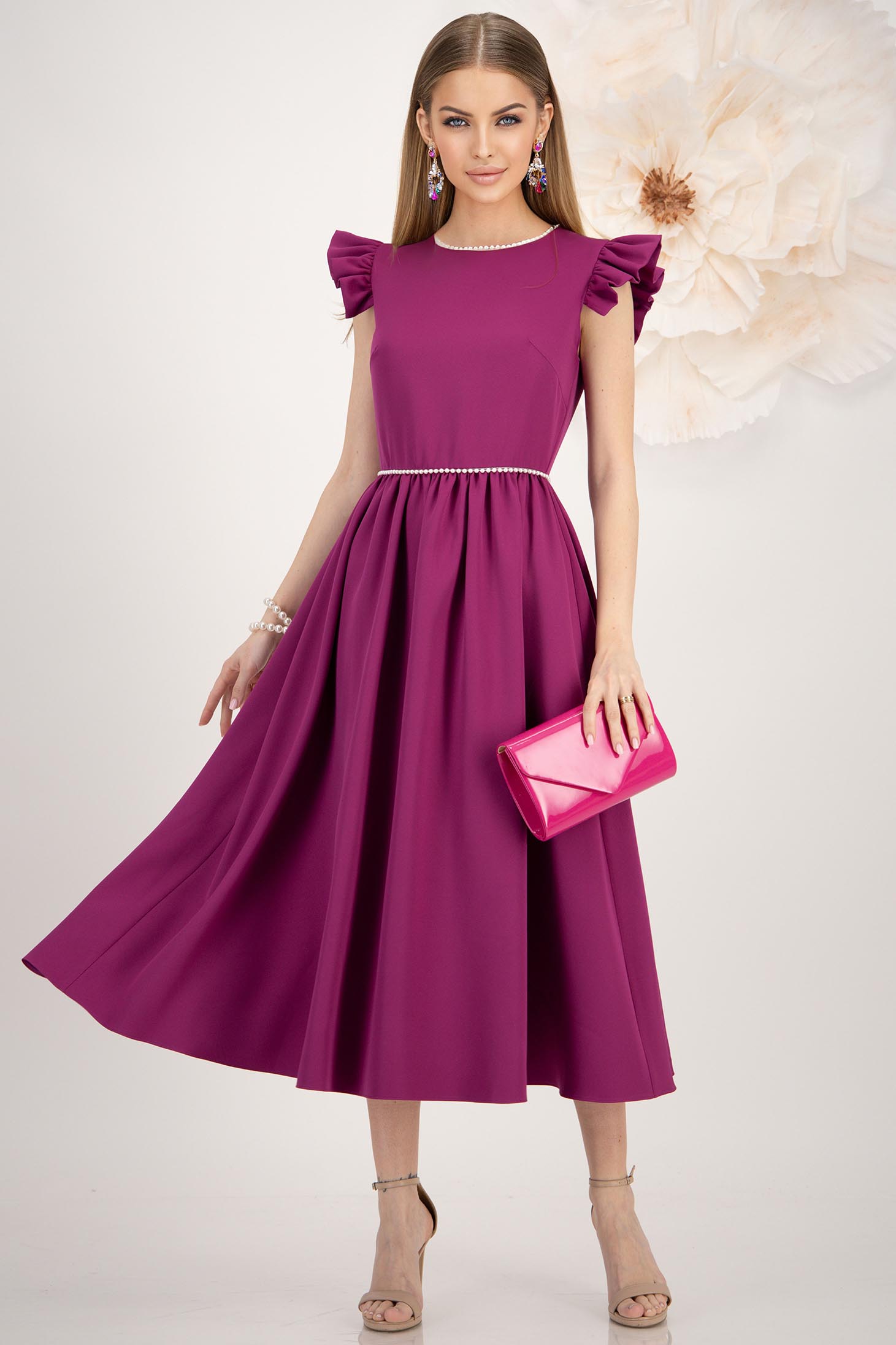 Rochie din stofa elastica mov midi in clos cu aplicatii cu perle - StarShinerS 1 - StarShinerS.ro