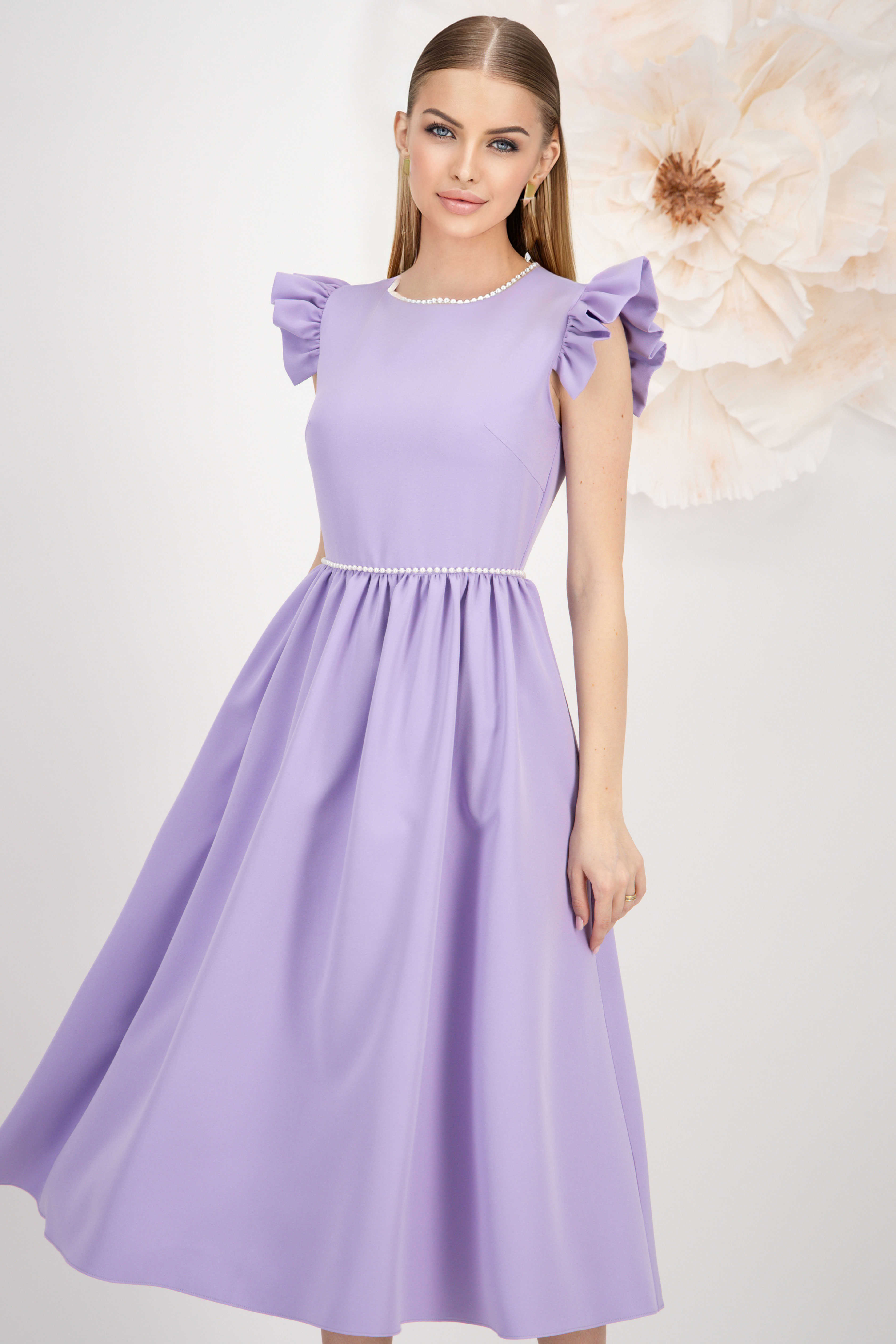 Rochie din stofa elastica lila midi in clos cu aplicatii cu perle - StarShinerS 1 - StarShinerS.ro