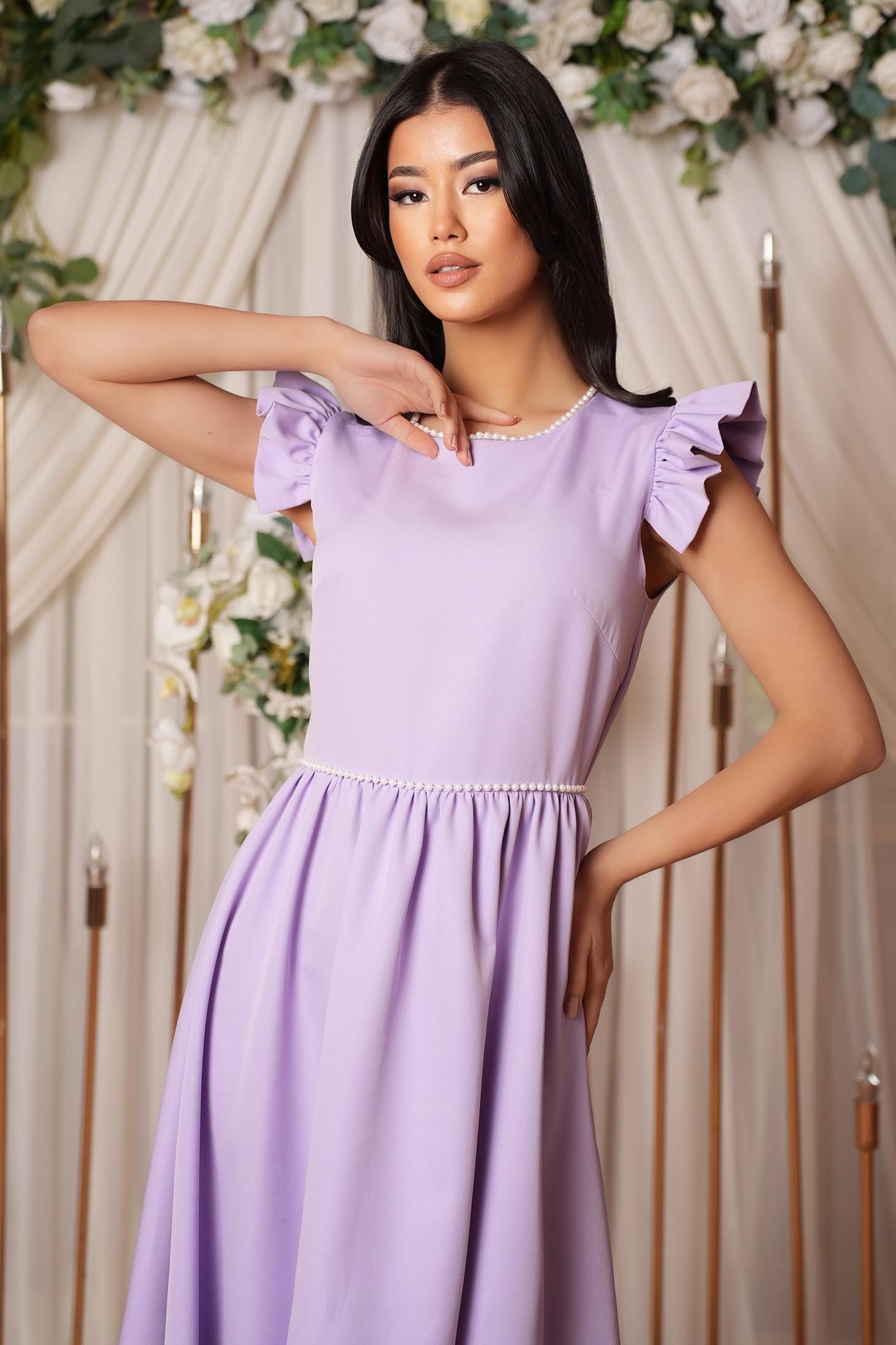 Rochie din stofa elastica lila midi in clos cu aplicatii cu perle - StarShinerS 1 - StarShinerS.ro