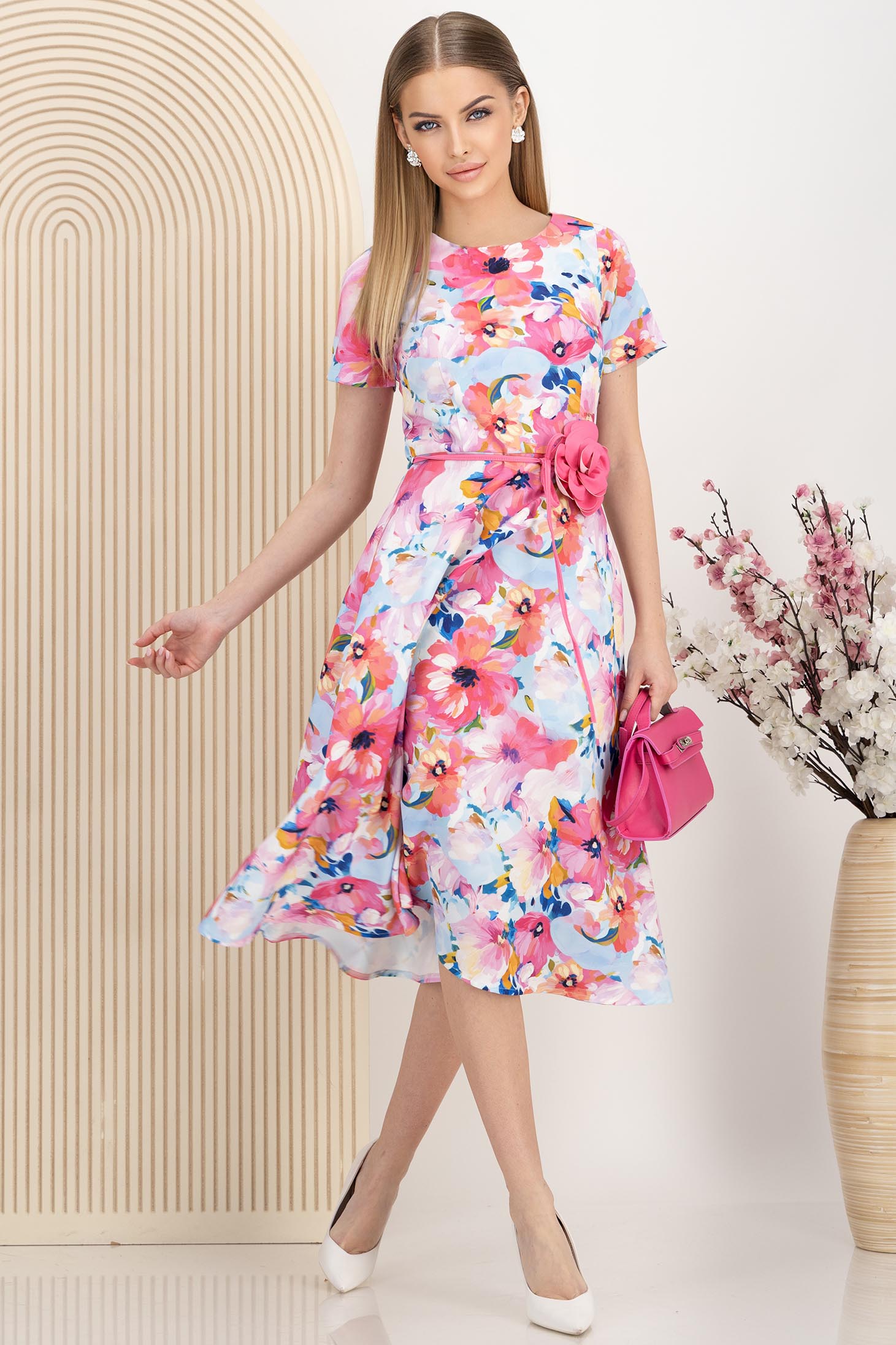 Rochie din stofa elastica midi in clos accesorizata cu cordon si buzunare laterale 1 - StarShinerS.ro