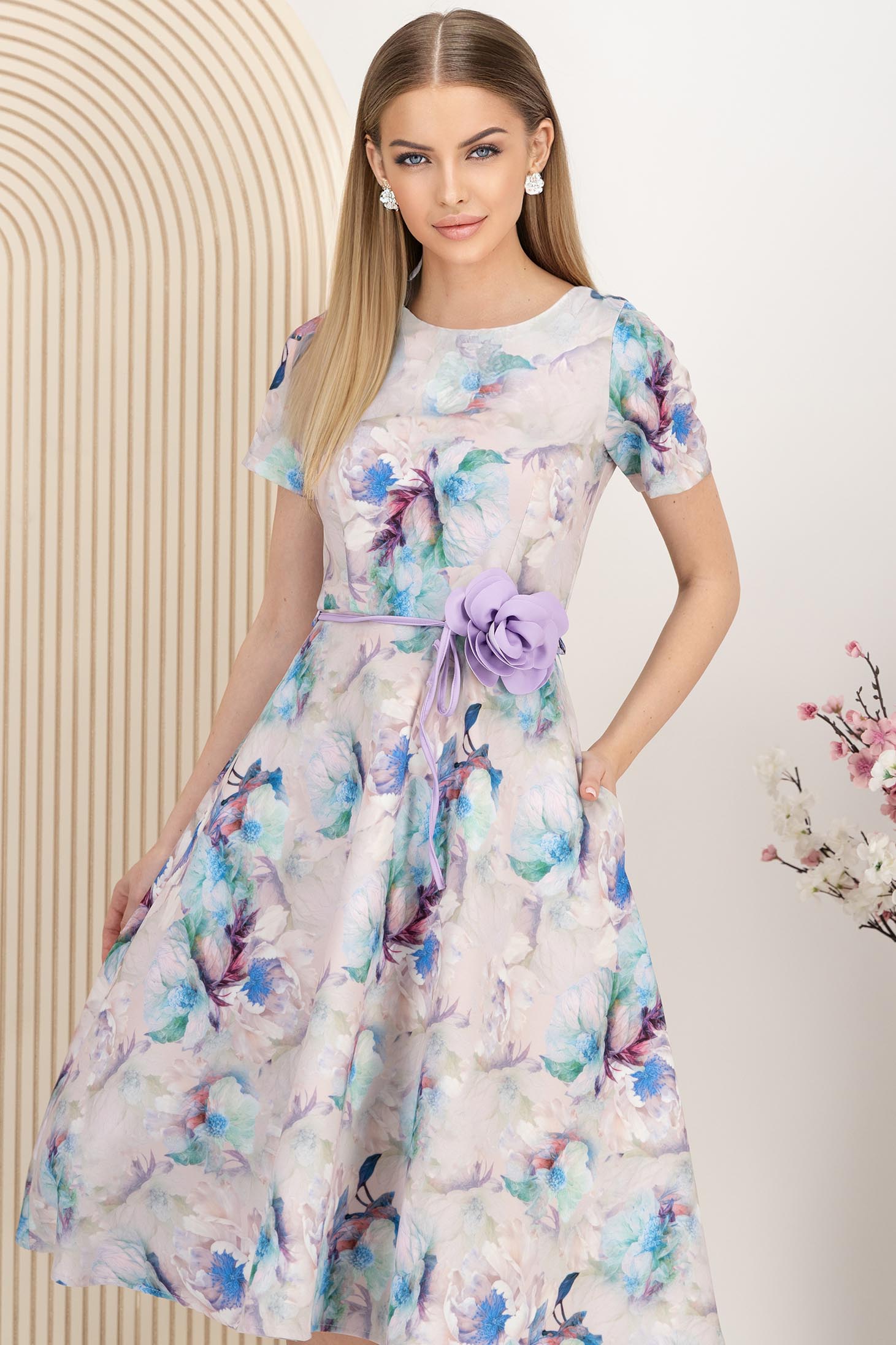 Rochie din stofa elastica midi in clos accesorizata cu cordon si buzunare laterale 1 - StarShinerS.ro
