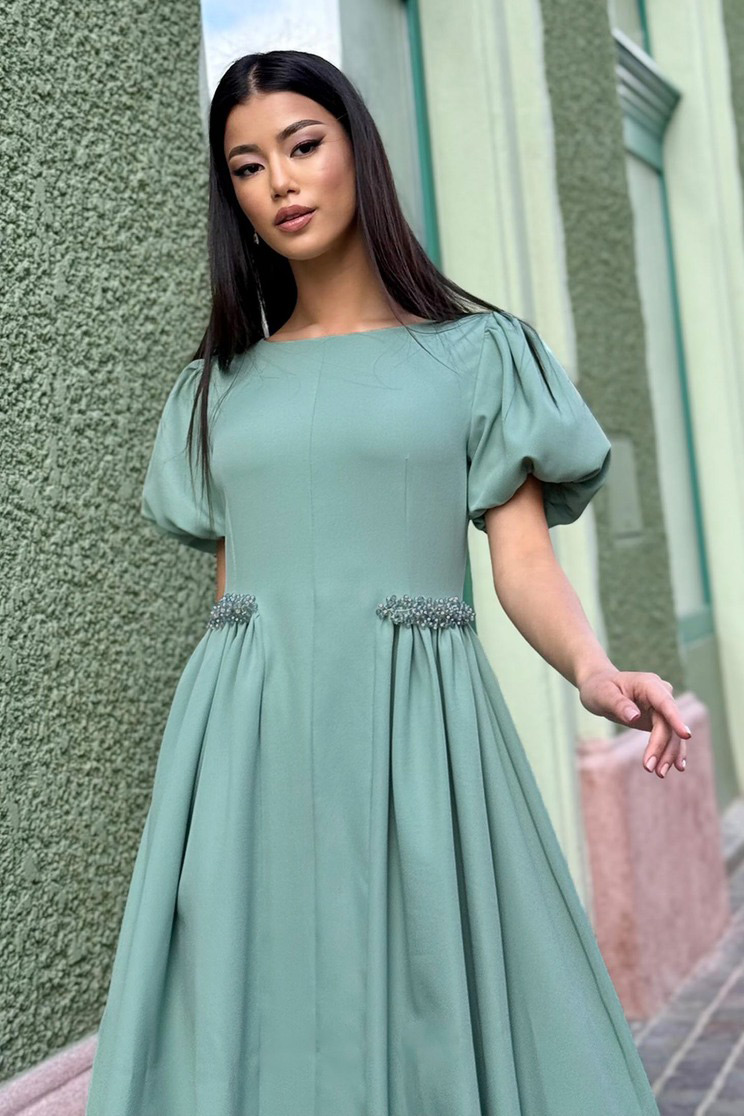 Rochie din stofa elastica mint midi in clos cu maneci bufante si aplicatii stralucitoare - StarShinerS 1 - StarShinerS.ro
