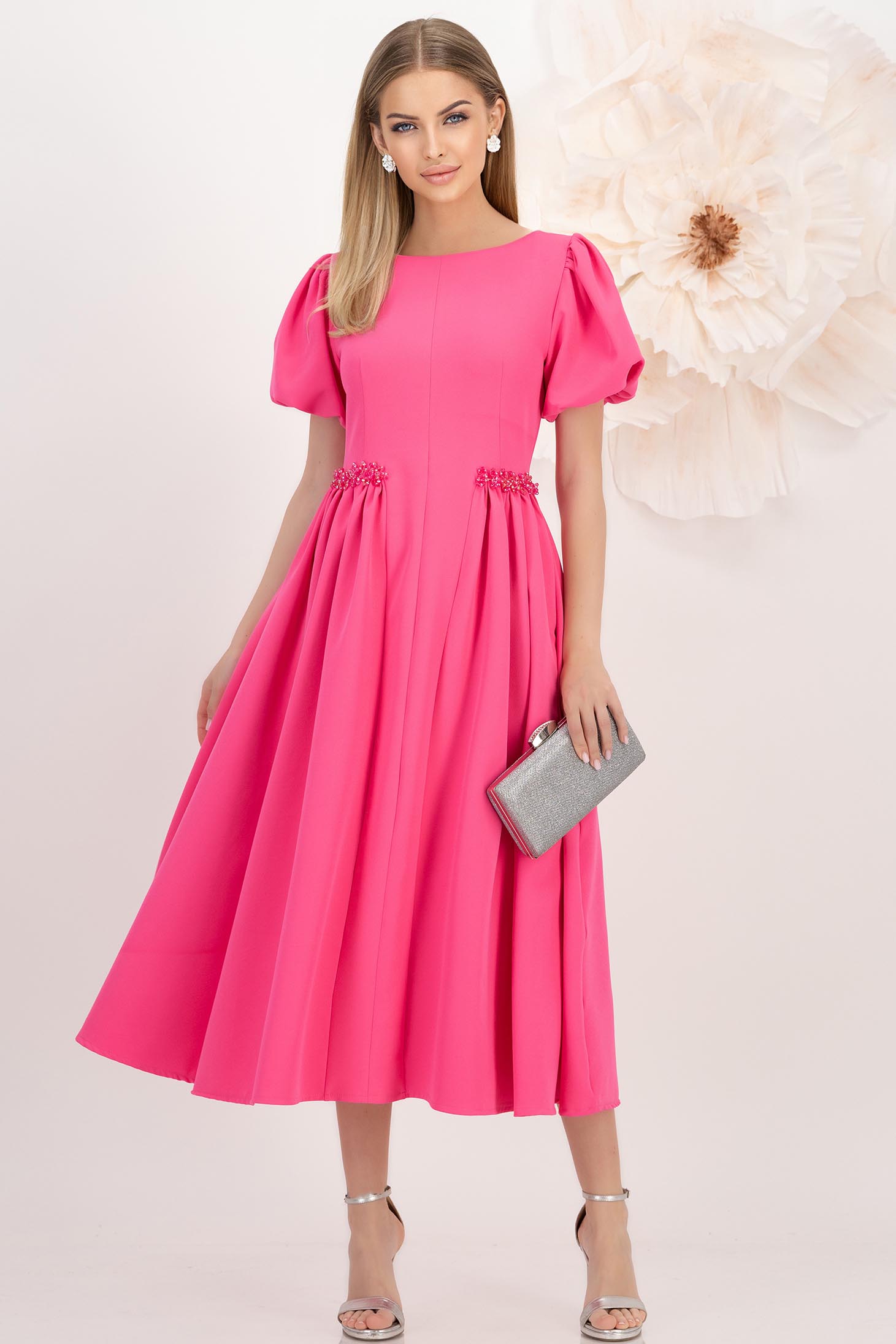 Rochie din stofa elastica roz midi in clos cu maneci bufante si aplicatii stralucitoare - StarShinerS 1 - StarShinerS.ro