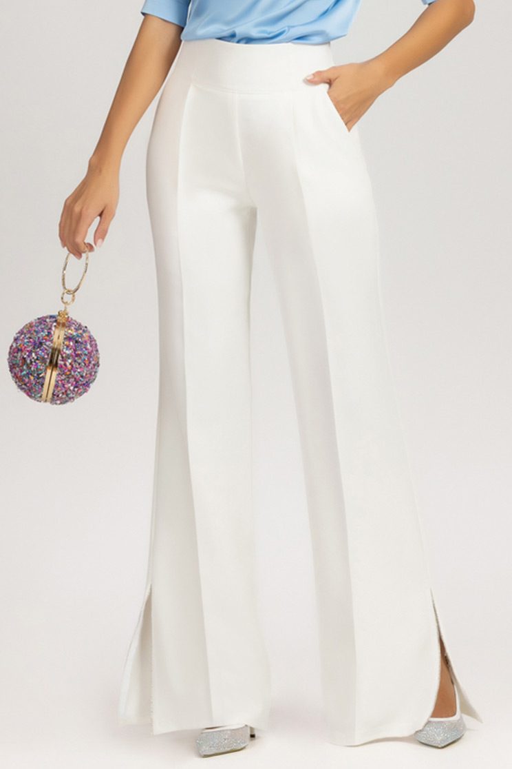 Pantaloni lungi din stofa elastica ivoire evazati cu fir stralucitor pe slitul lateral 1 - StarShinerS.ro