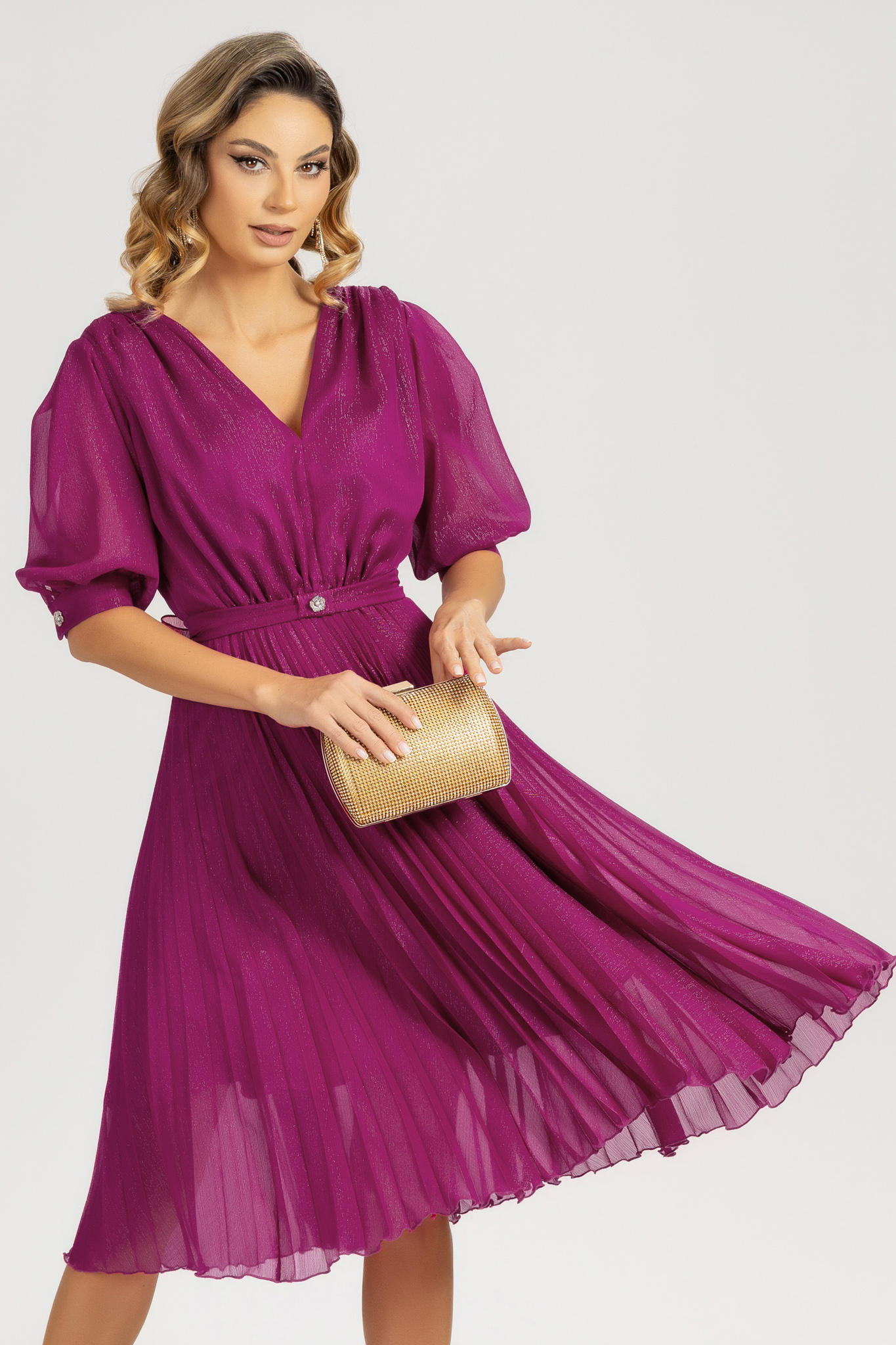 Rochie plisata din voal cu fir lurex zmeura in clos cu elastic in talie si maneci bufante 1 - StarShinerS.ro