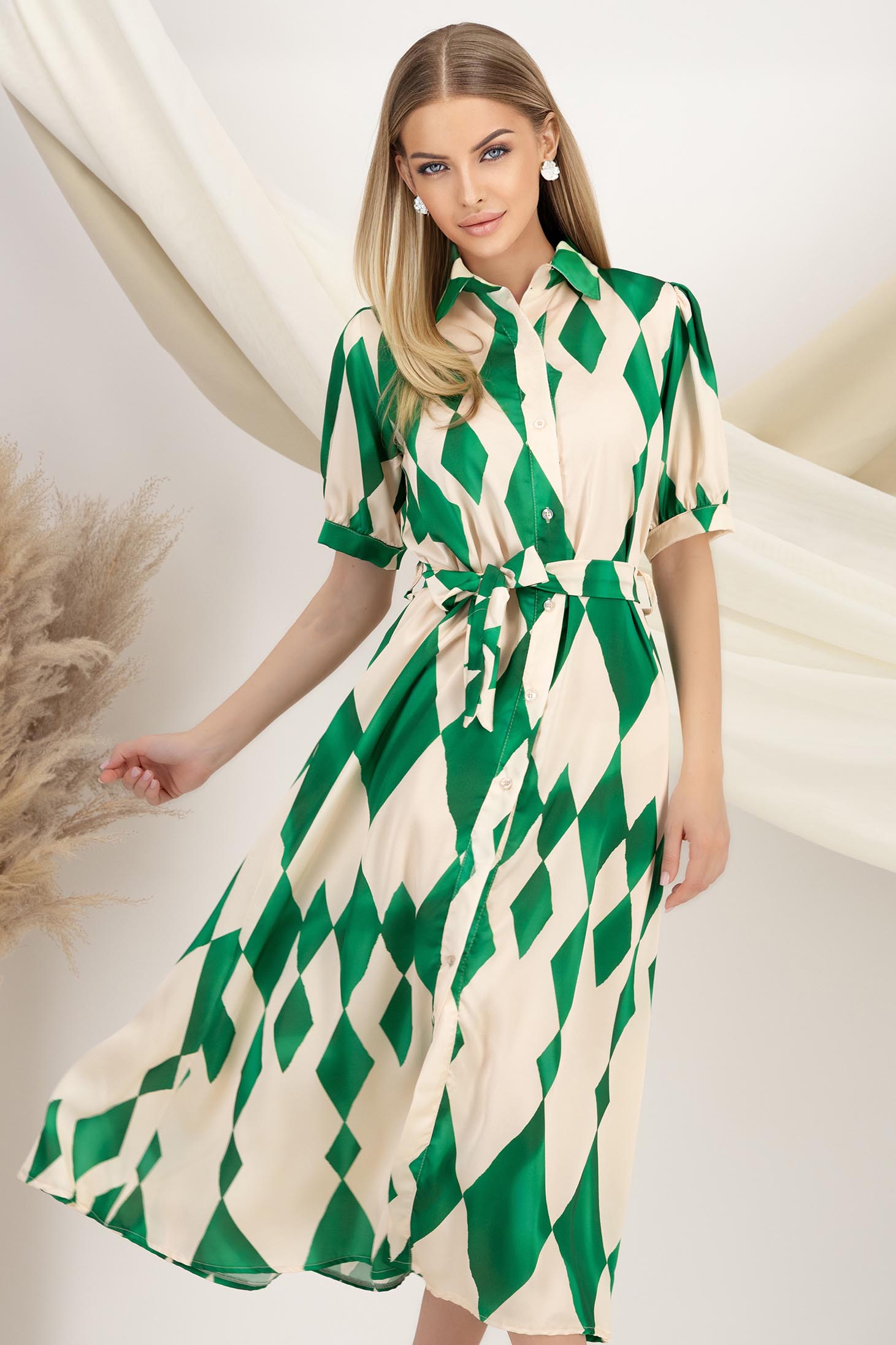 Rochie tip camasa din satin imprimat verde midi cu maneci bufante 1 - StarShinerS.ro