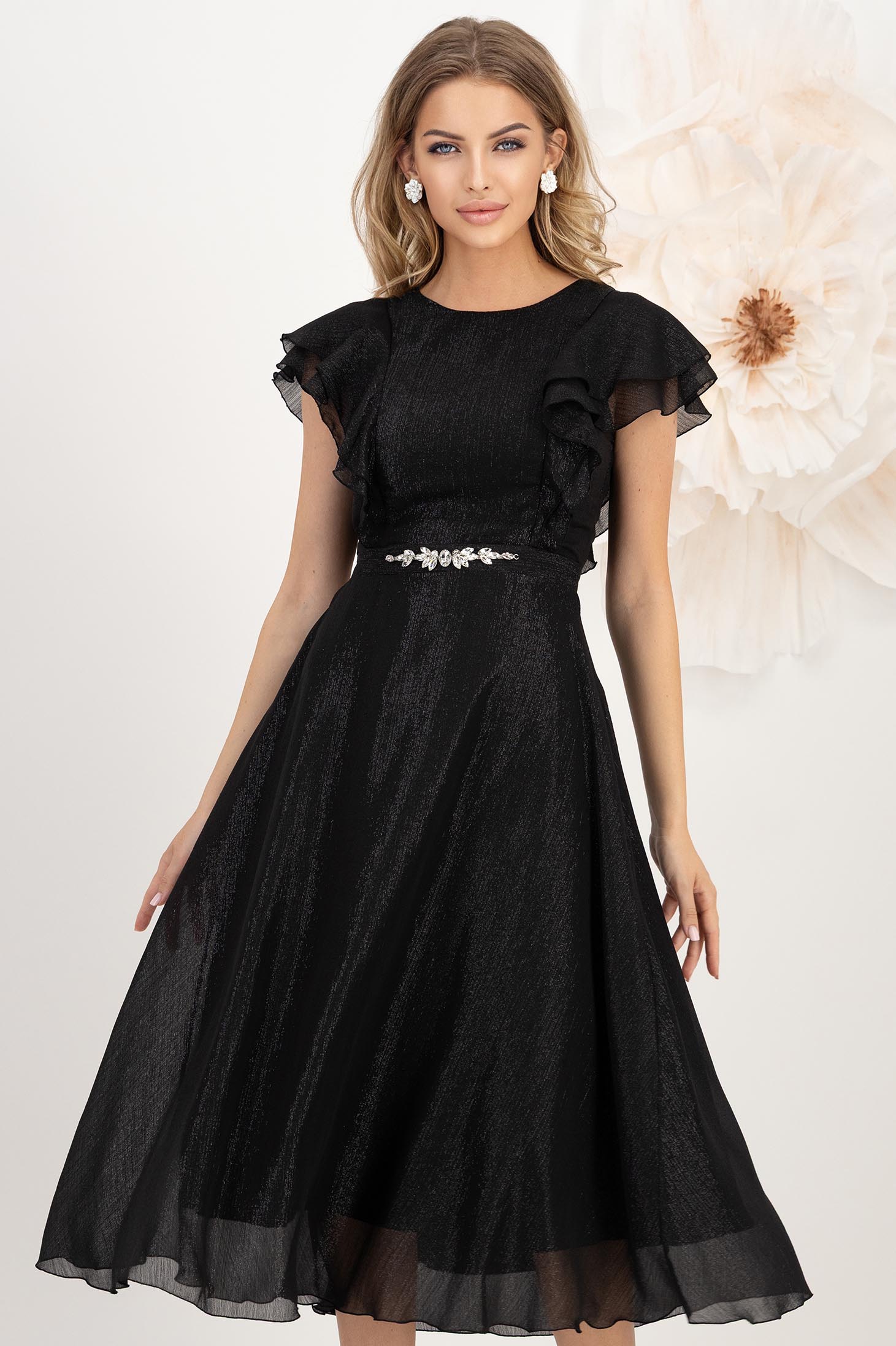 Rochie din voal cu fir lame neagra midi in clos cu volanase - StarShinerS 1 - StarShinerS.ro