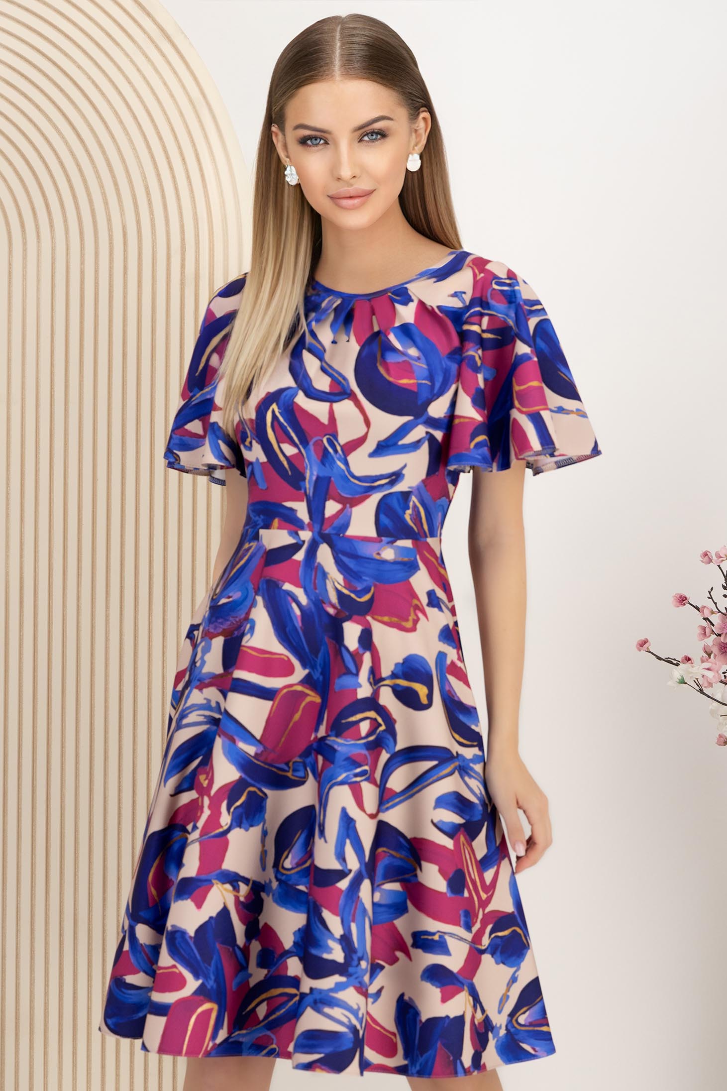 Rochie din stofa elastica multicolora midi in clos cu maneci tip fluture - StarShinerS 1 - StarShinerS.ro
