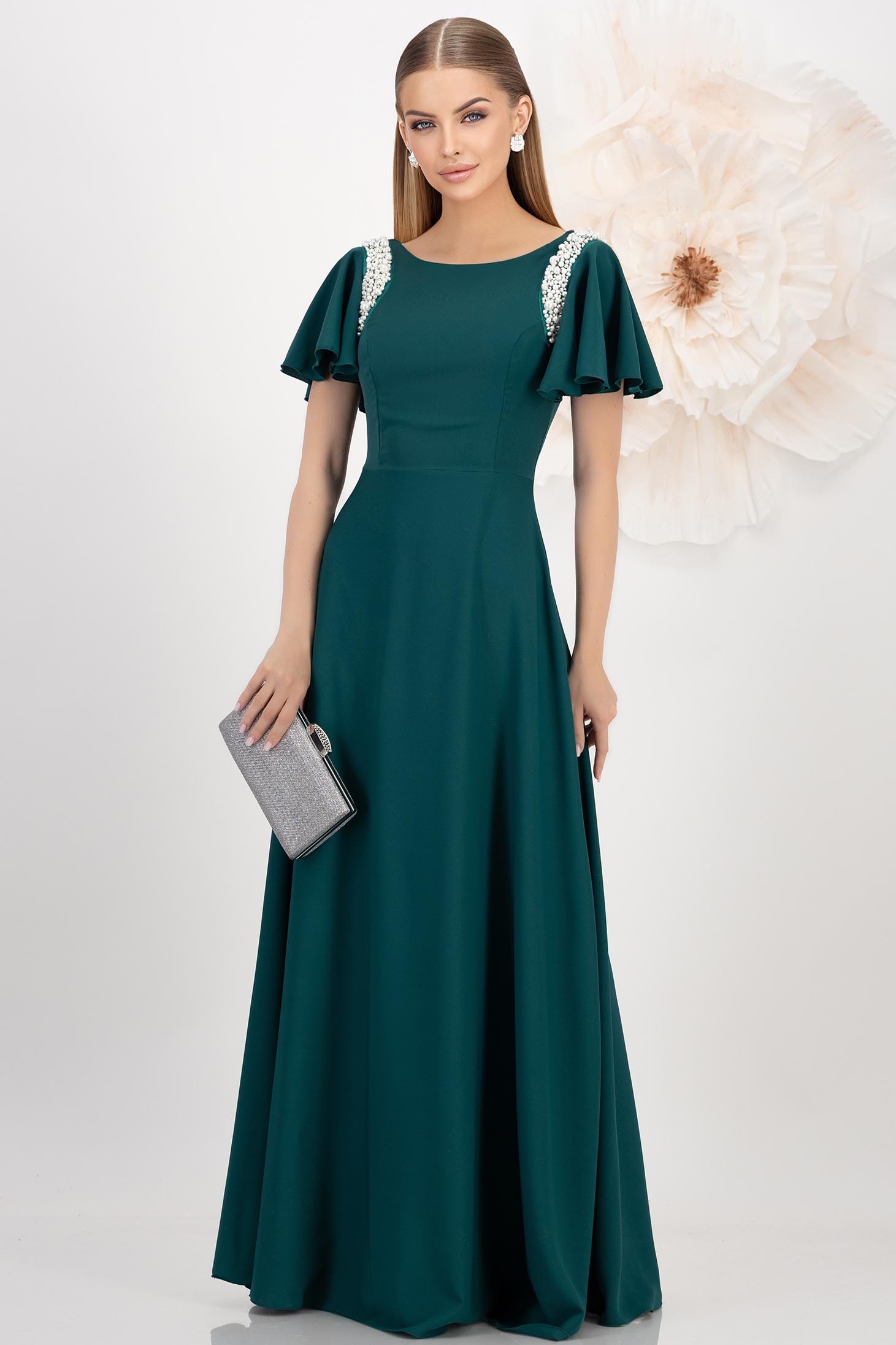 Rochie din voal dens verde petrol lunga in clos cu volanase si aplicatii cu perle pe umeri - StarShinerS 1 - StarShinerS.ro