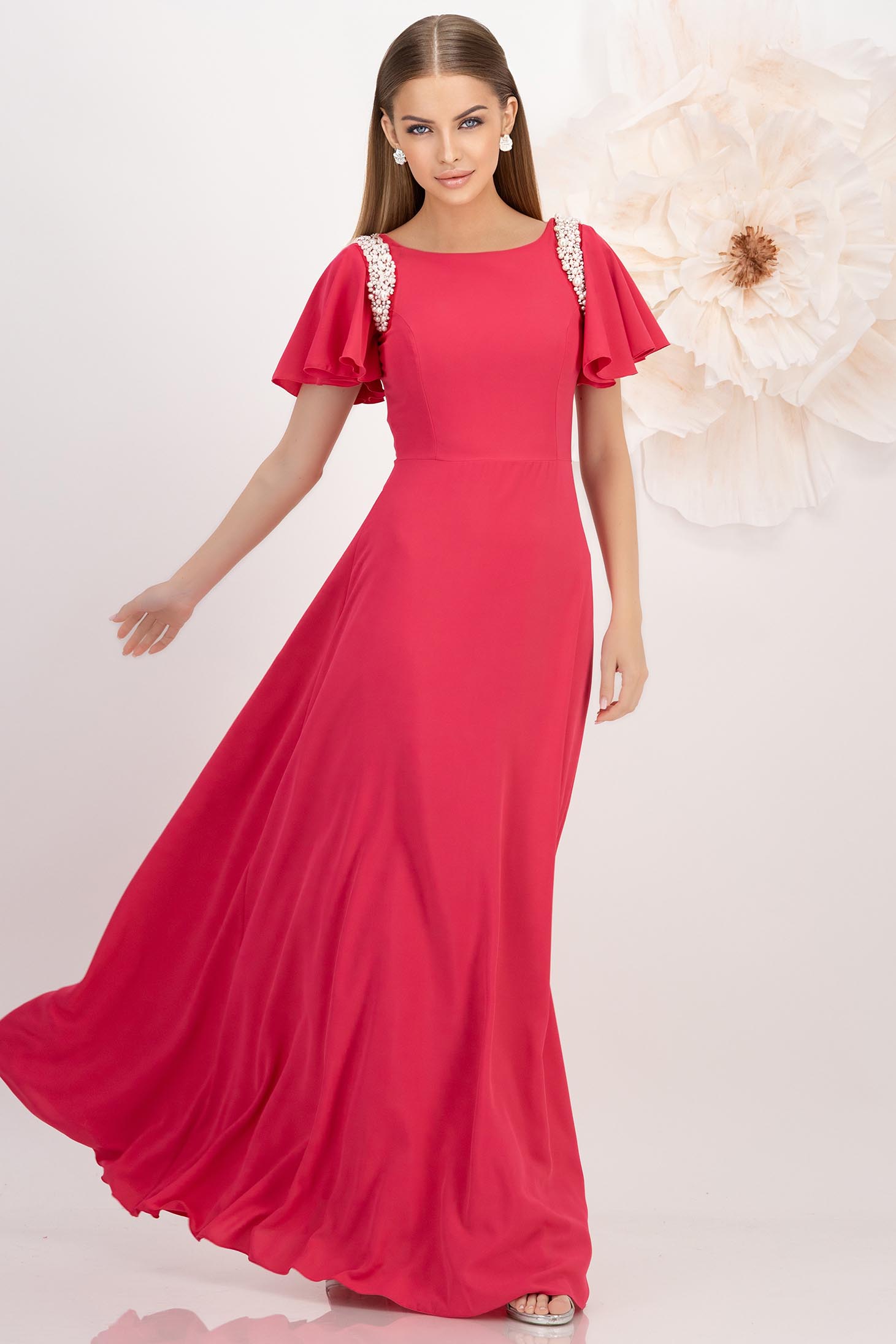 Rochie din voal dens roz lunga in clos cu volanase si aplicatii cu perle pe umeri - StarShinerS 1 - StarShinerS.ro