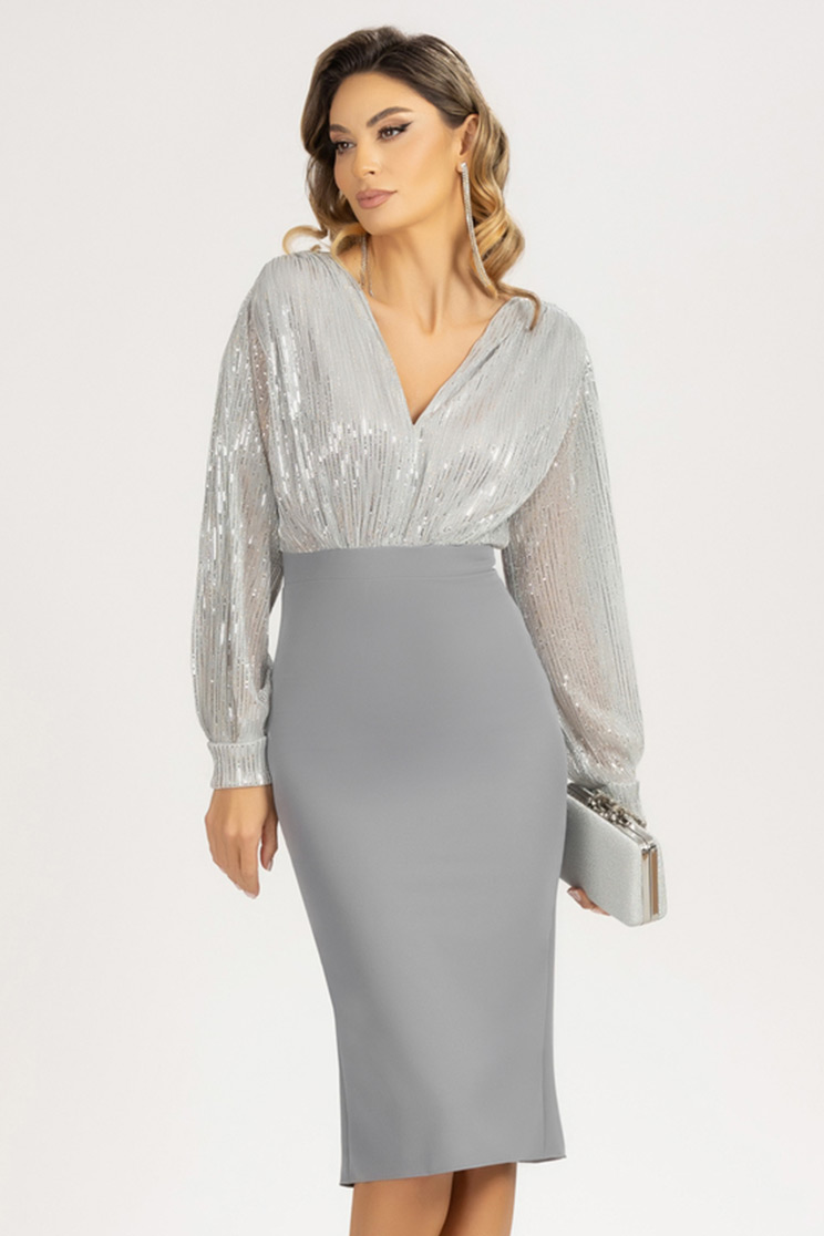 Rochie din stofa elastica si material cu micro paiete gri midi tip creion 1 - StarShinerS.ro