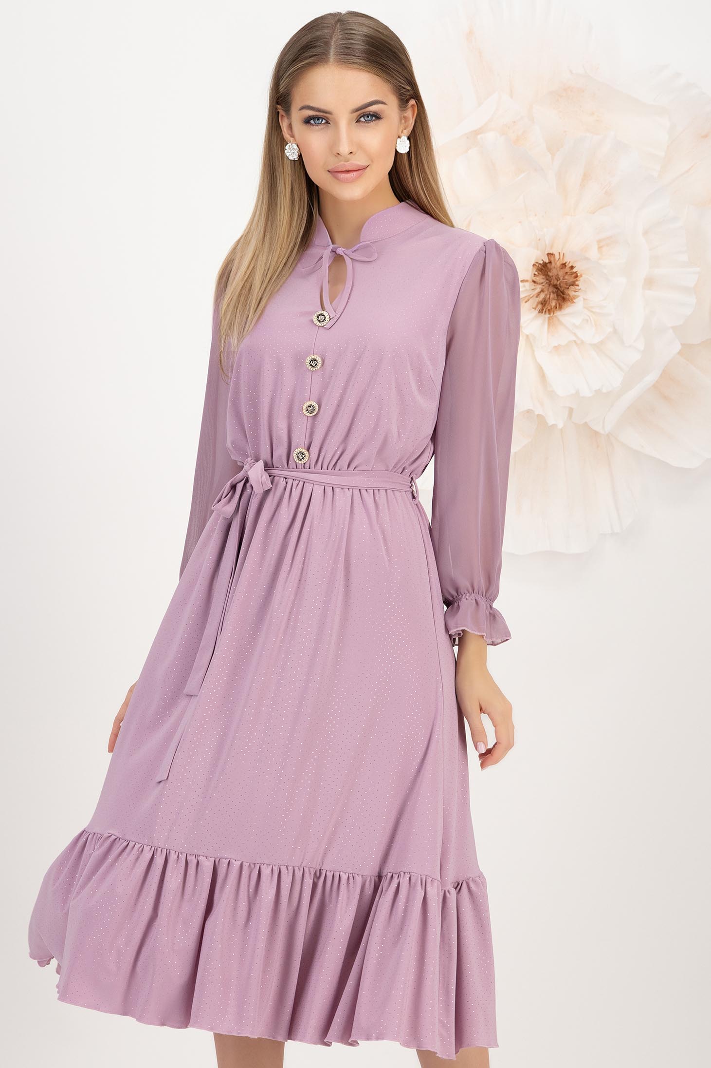 Rochie din lycra mov midi in clos cu elastic in talie si maneci bufante din voal cu aplicatii stralucitoare - StarShinerS 1 - StarShinerS.ro