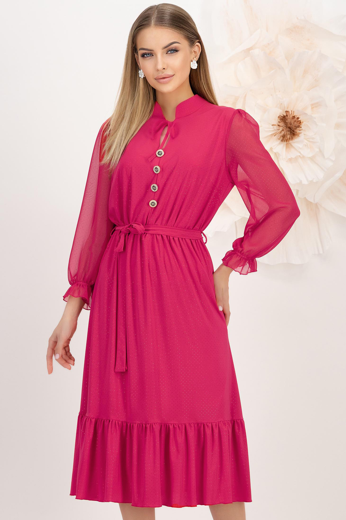Rochie din lycra fuchsia midi in clos cu elastic in talie si maneci bufante din voal cu aplicatii stralucitoare - StarShinerS 1 - StarShinerS.ro
