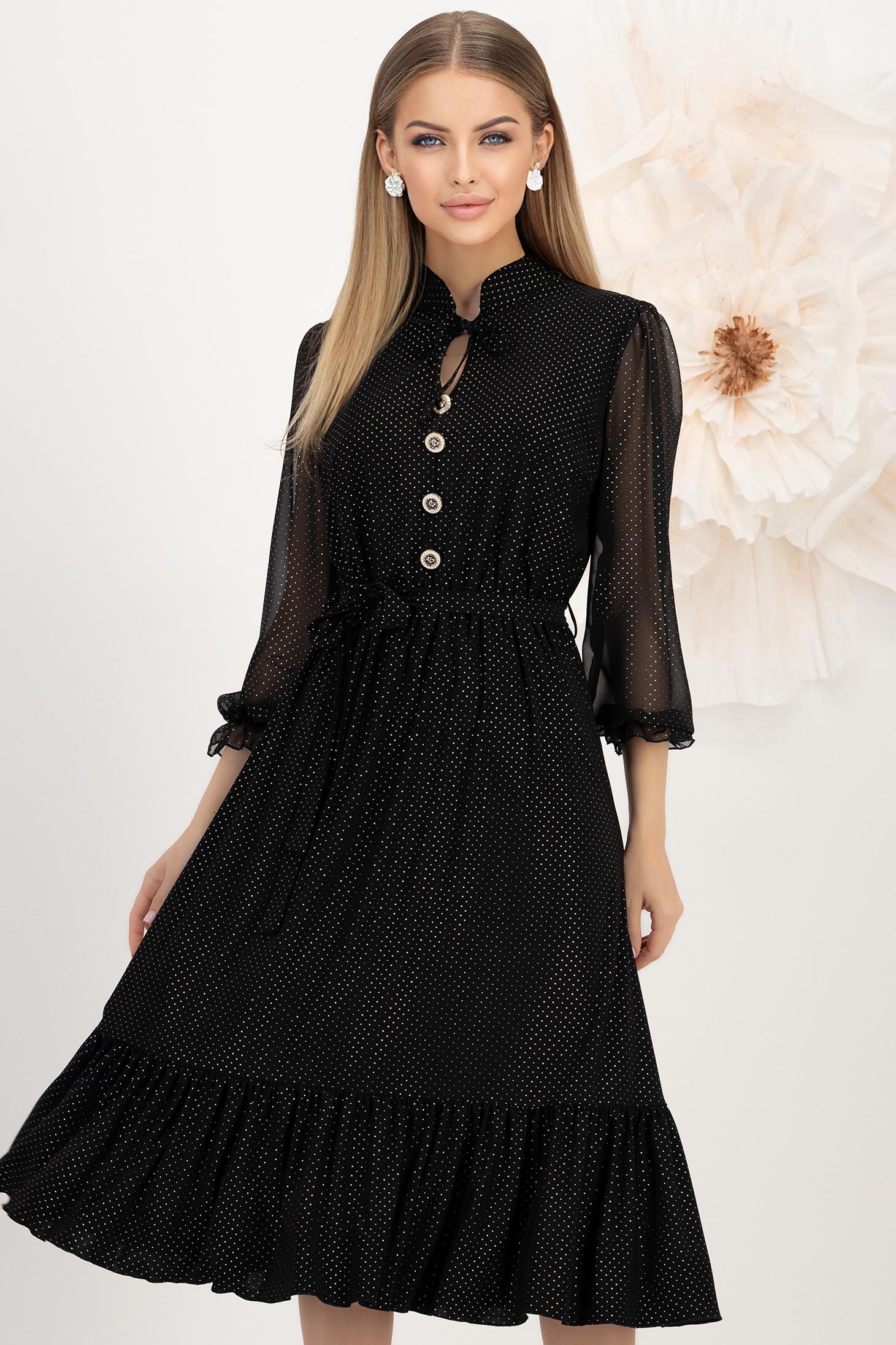 Rochie din lycra neagra midi in clos cu elastic in talie si maneci bufante din voal cu aplicatii stralucitoare - StarShinerS 1 - StarShinerS.ro