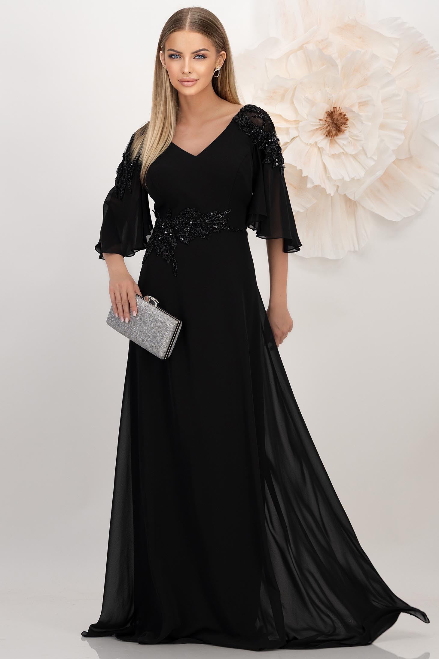 Rochie lunga din voal neagra in clos cu maneci tip fluture si aplicatii cu paiete si pietre strass 1 - StarShinerS.ro