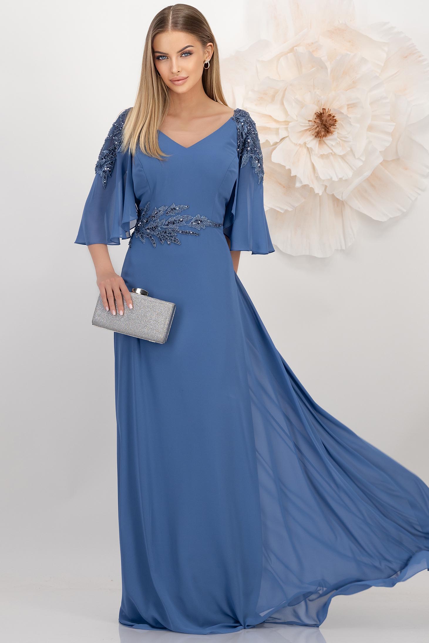 Rochie lunga din voal albastra in clos cu maneci tip fluture si aplicatii cu paiete si pietre strass 1 - StarShinerS.ro