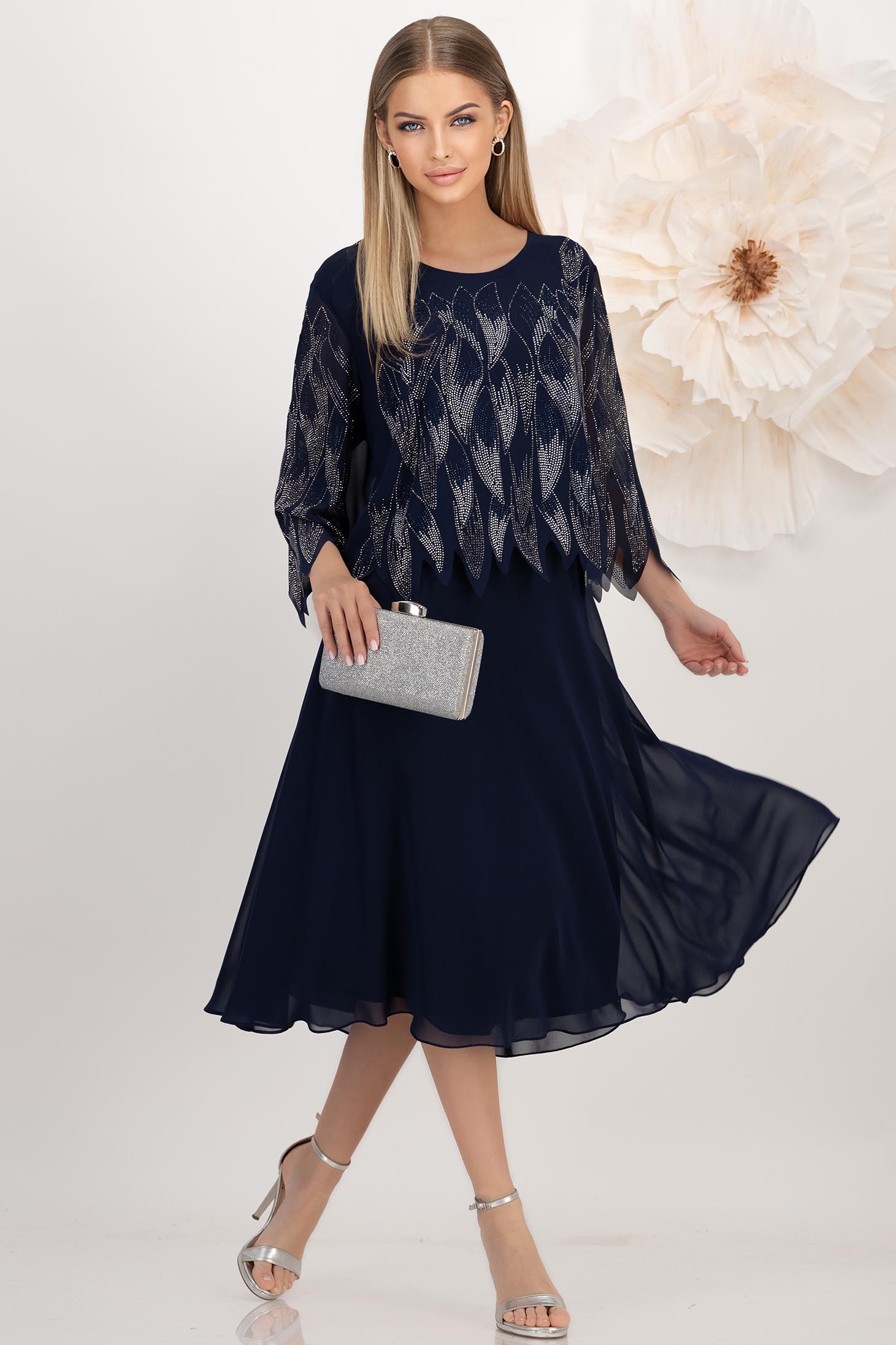 Rochie din voal bleumarin midi in clos cu capa nedetasabila cu aplicatii stralucitoare 1 - StarShinerS.ro