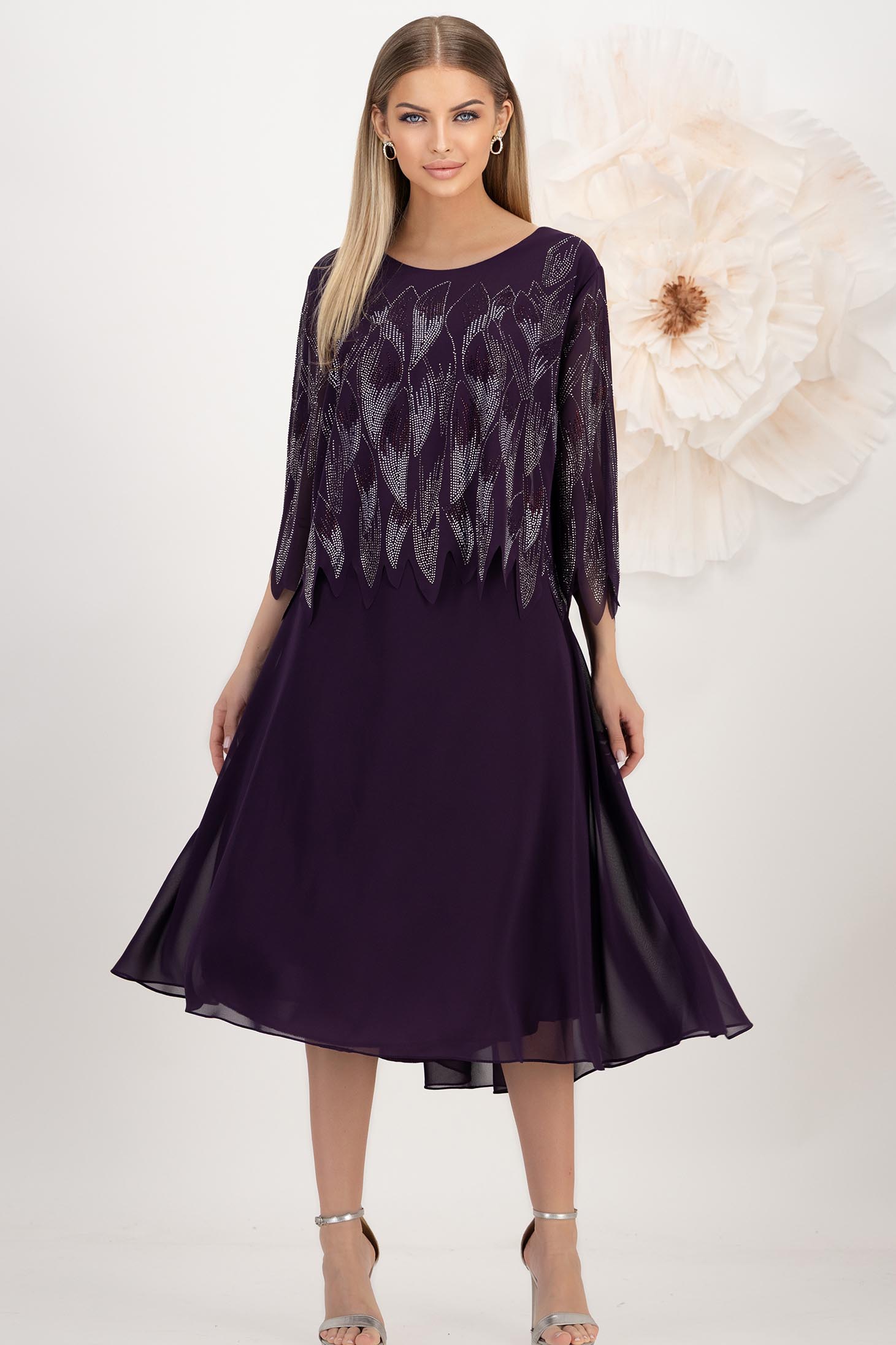 Rochie din voal mov midi in clos cu capa nedetasabila cu aplicatii stralucitoare 1 - StarShinerS.ro