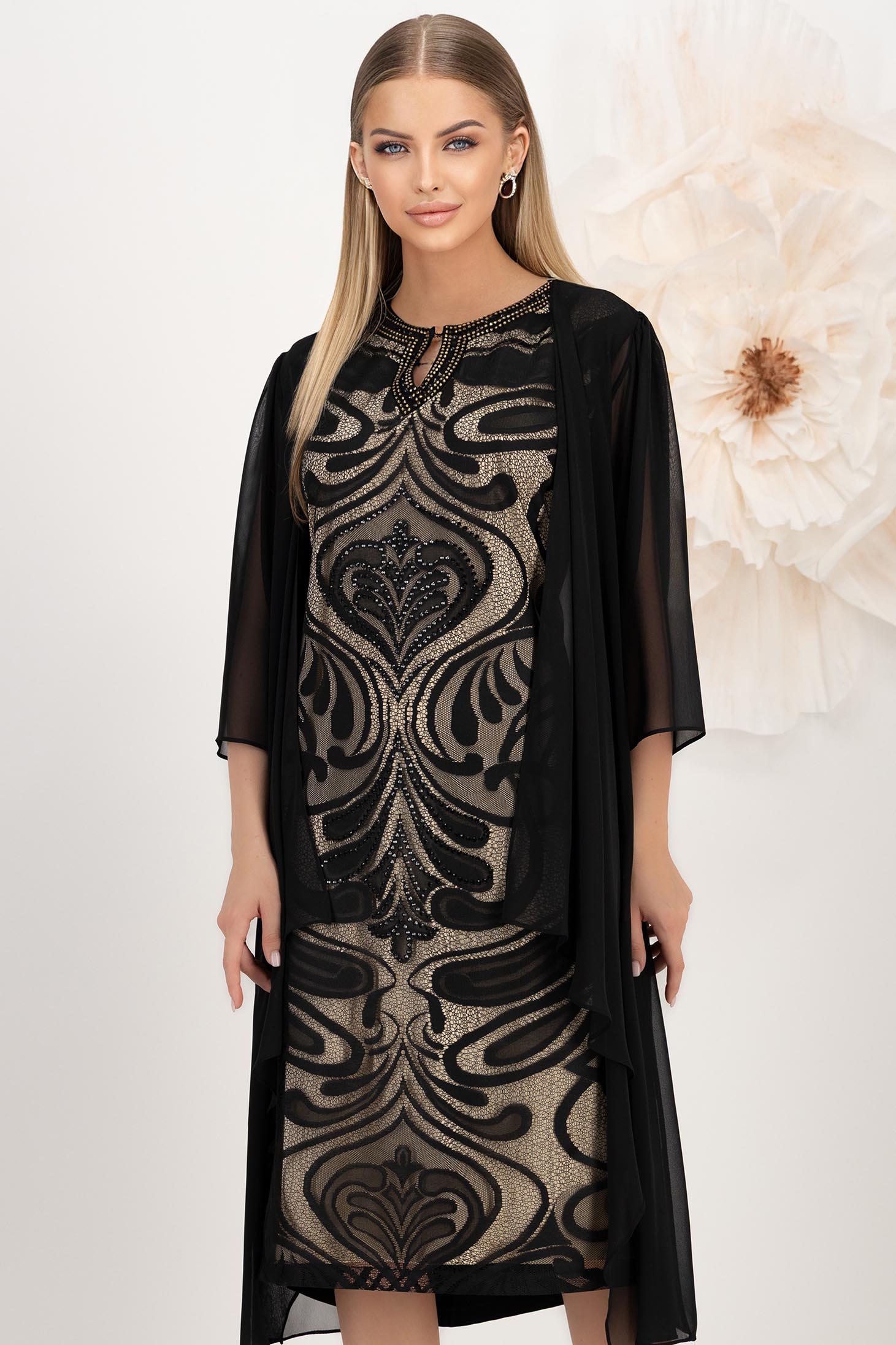 Rochie din lycra neagra midi cu un croi drept decorata cu pietre strass si capa din voal 1 - StarShinerS.ro