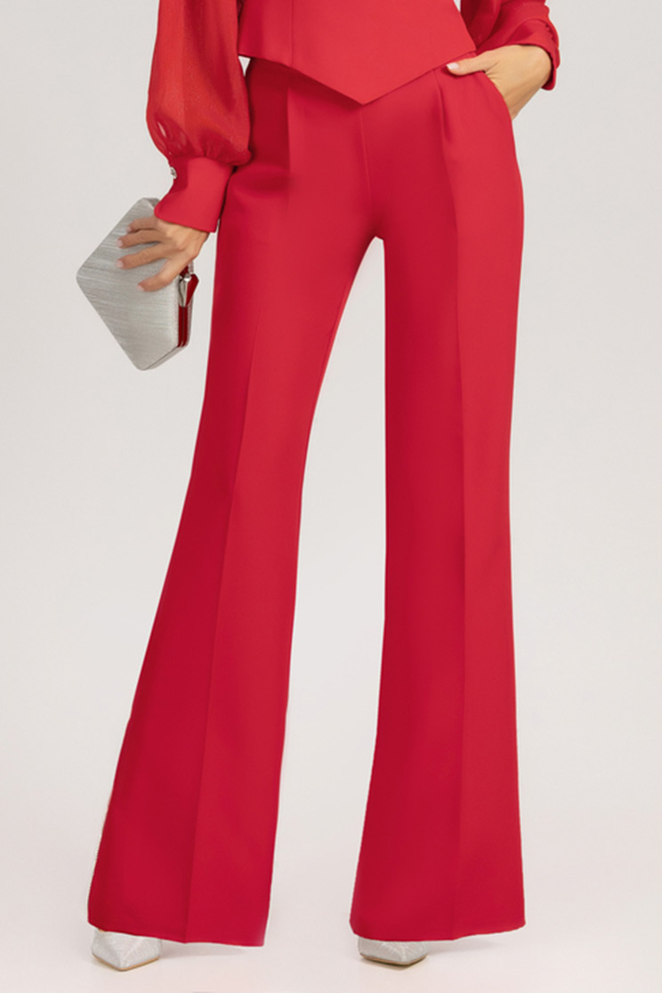 Pantaloni lungi din stofa elastica rosie evazati cu fir stralucitor pe slitul lateral 1 - StarShinerS.ro