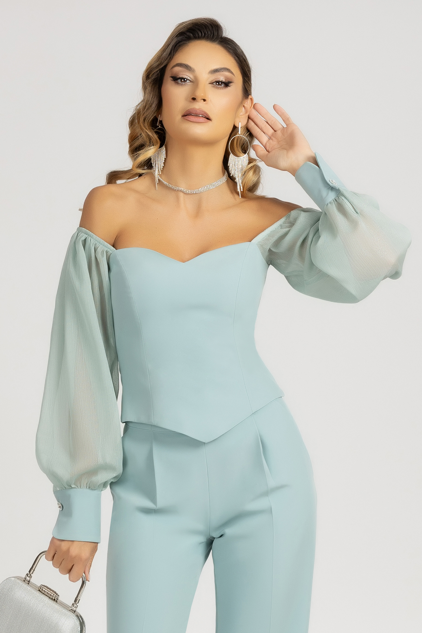 Bluza dama tip corset din stofa elastica mint cu umeri goi si maneci bufante din voal cu fir stralucitor 1 - StarShinerS.ro