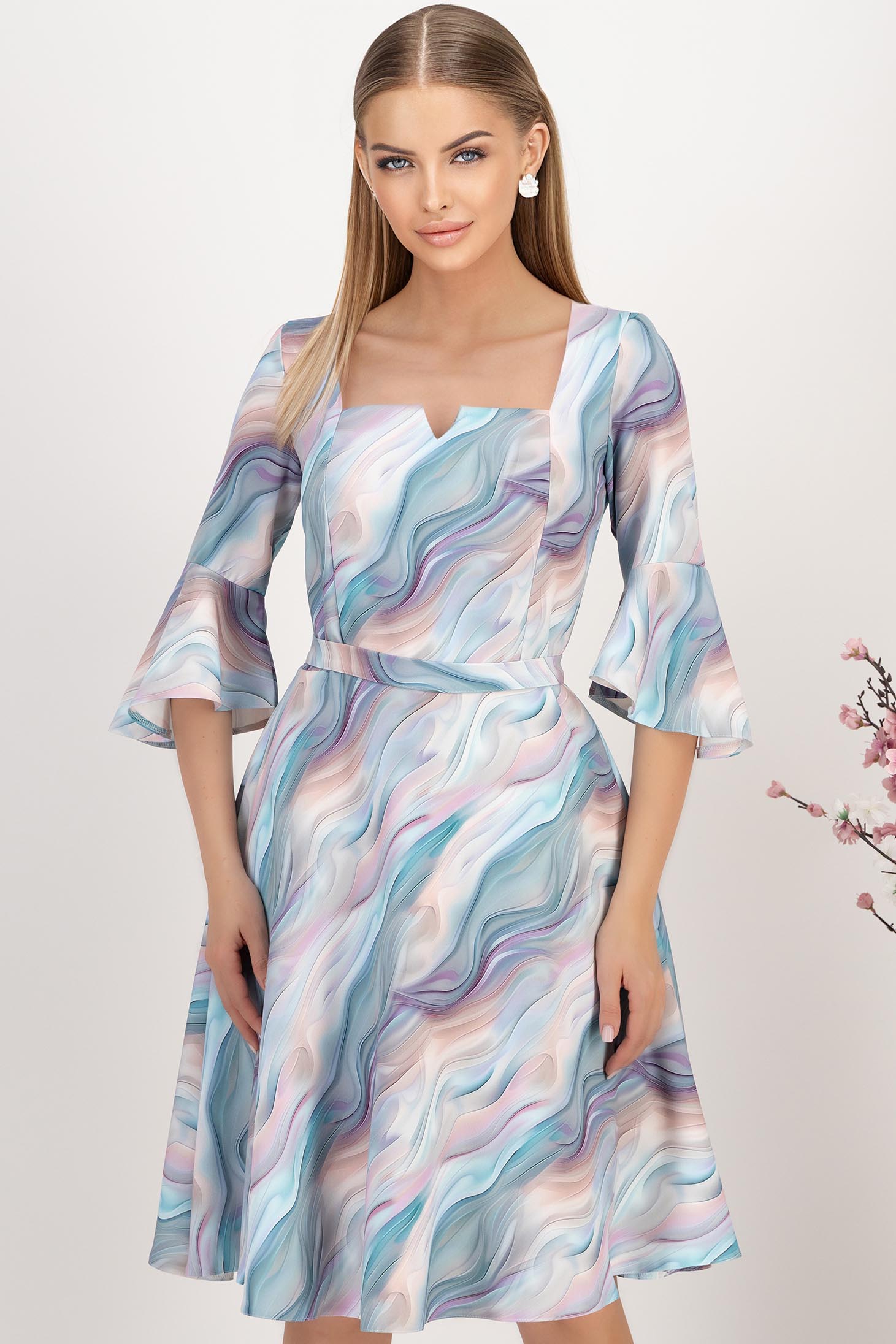 Rochie din stofa elastica multicolora midi in clos accesorizata cu cordon si volanase la maneci - StarShinerS 1 - StarShinerS.ro