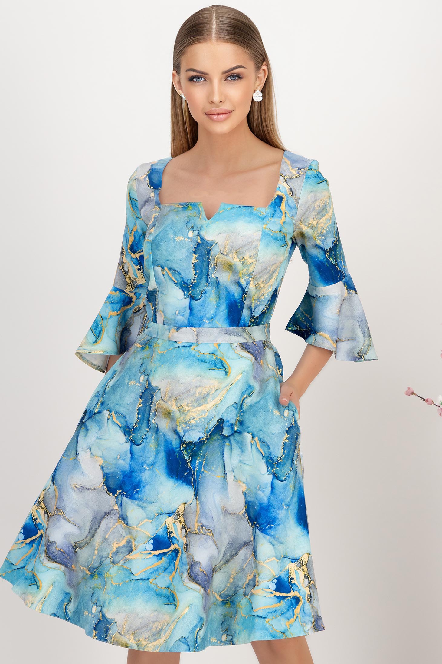 Rochie din stofa elastica turcoaz midi in clos accesorizata cu cordon si volanase la maneci - StarShinerS 1 - StarShinerS.ro