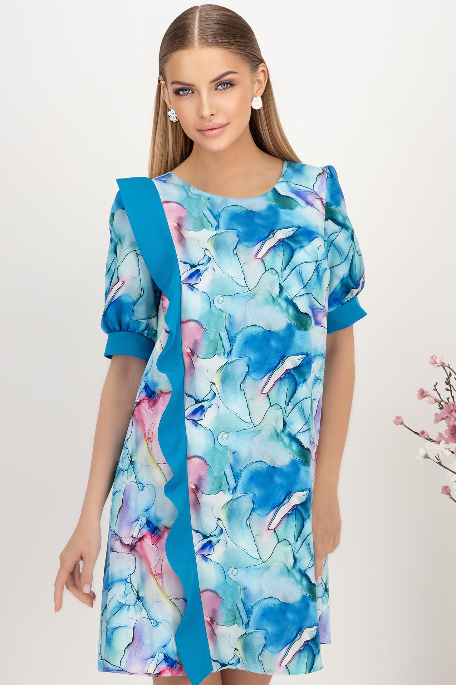 Rochie din stofa elastica scurta cu croi larg si volanas contrastant - StarShinerS 1 - StarShinerS.ro