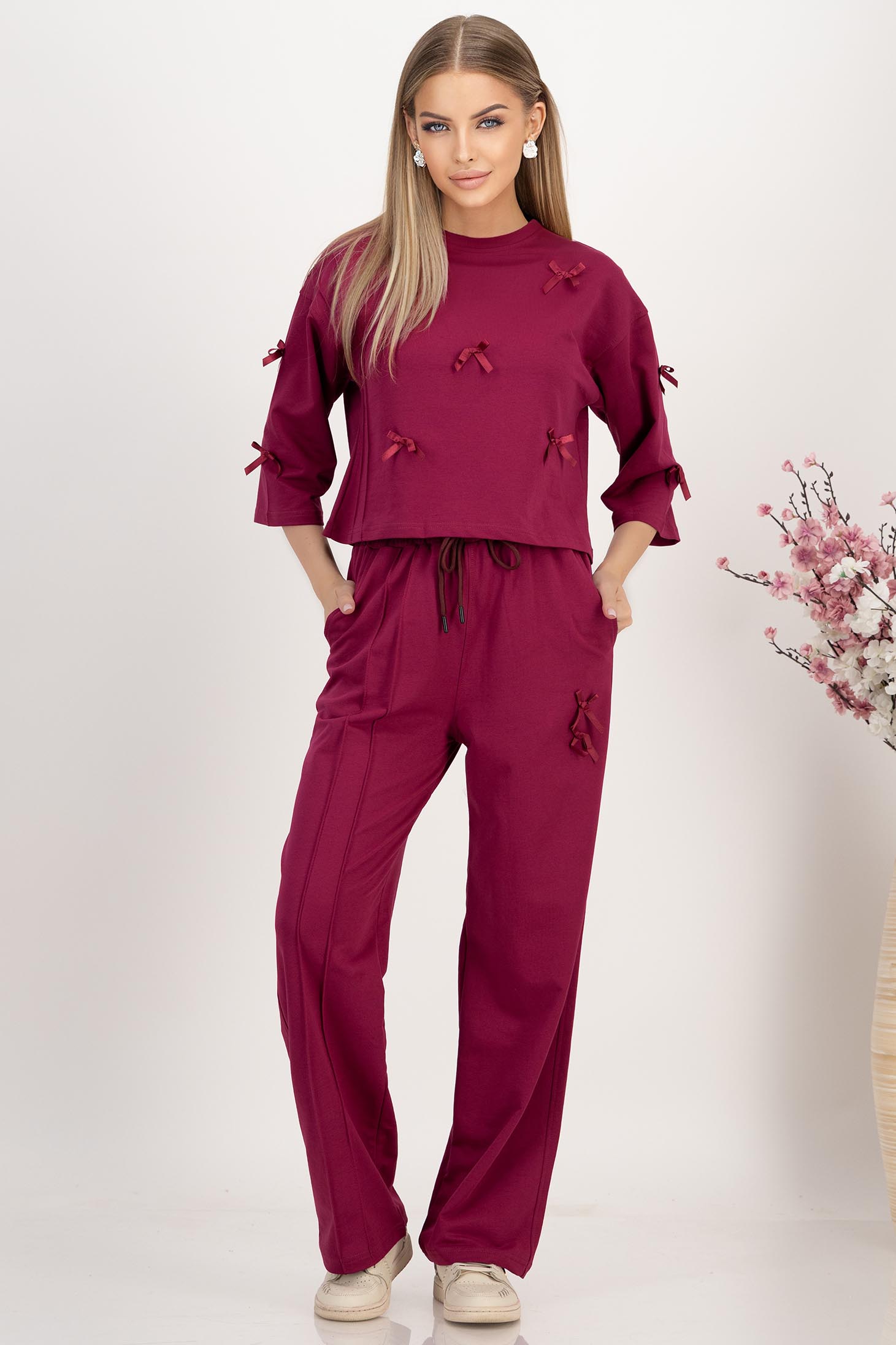 Trening din bumbac elastic zmeura cu elastic in talie accesorizat cu fundite decorative 1 - StarShinerS.ro