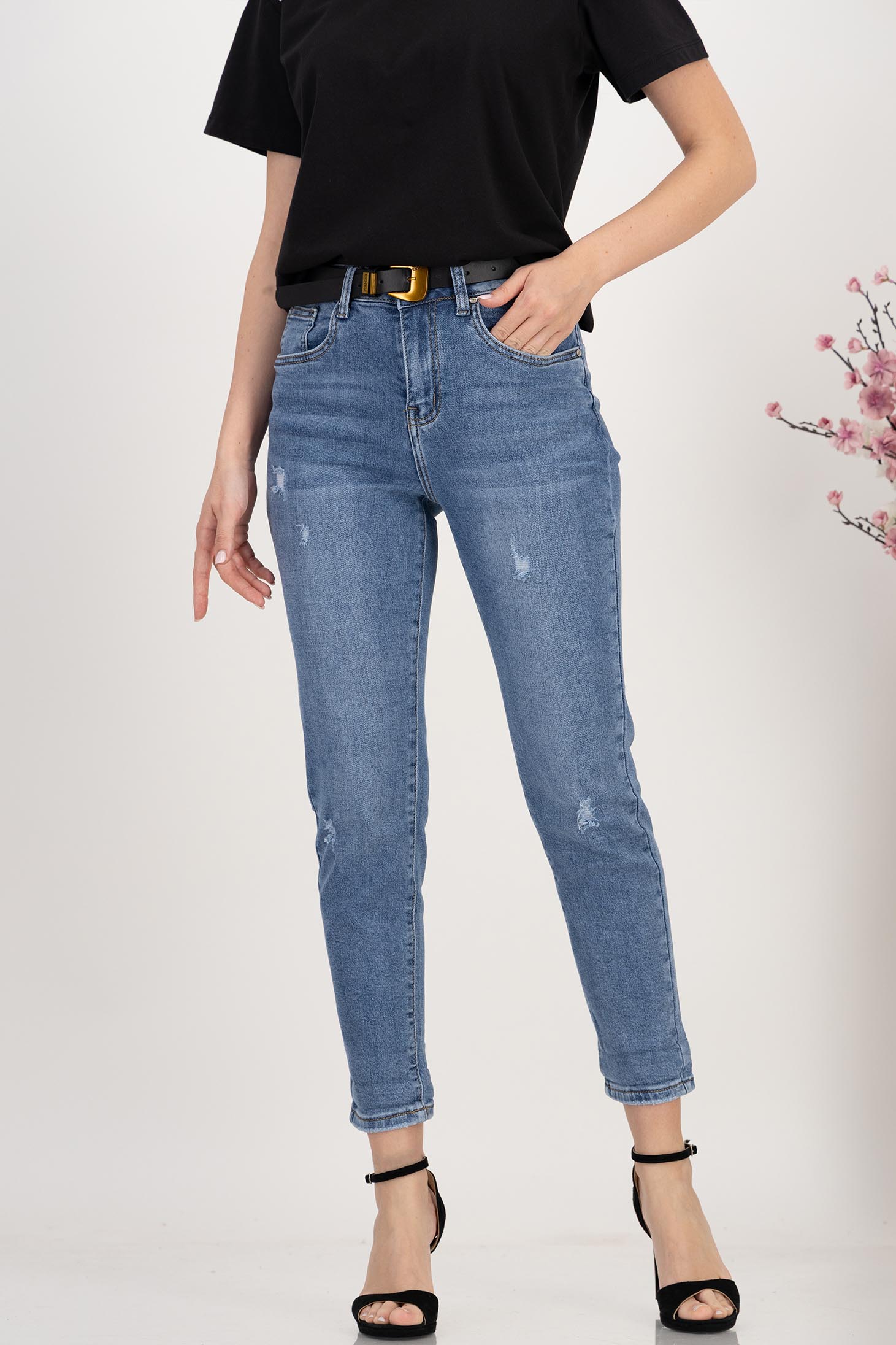 Blugi lungi MomFit albastri cu talie inalta si accesoriu tip curea 1 - StarShinerS.ro