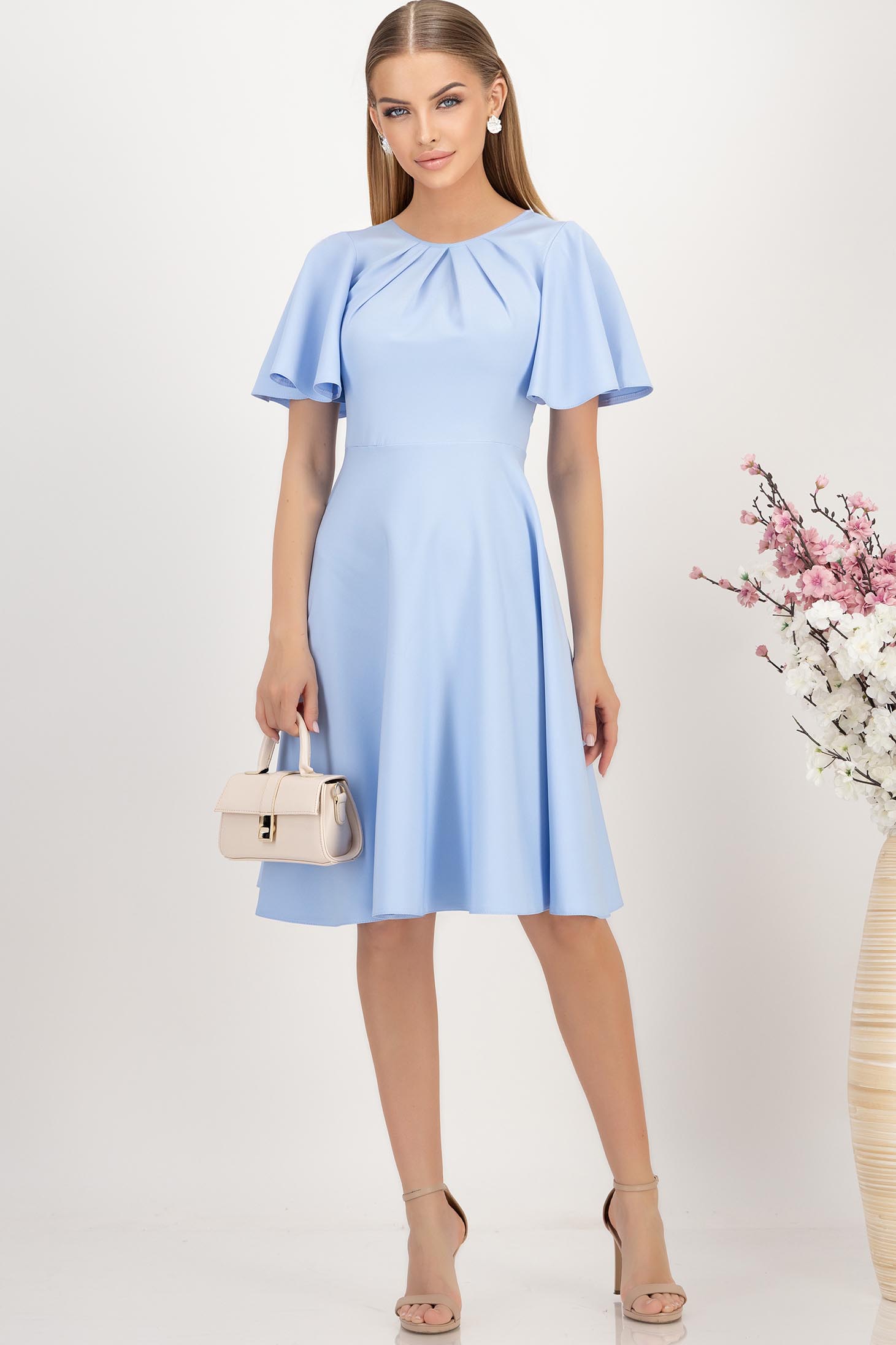 Rochie din stofa elastica albastru-deschis pana la genunchi in clos cu maneci tip fluture - StarShinerS 1 - StarShinerS.ro