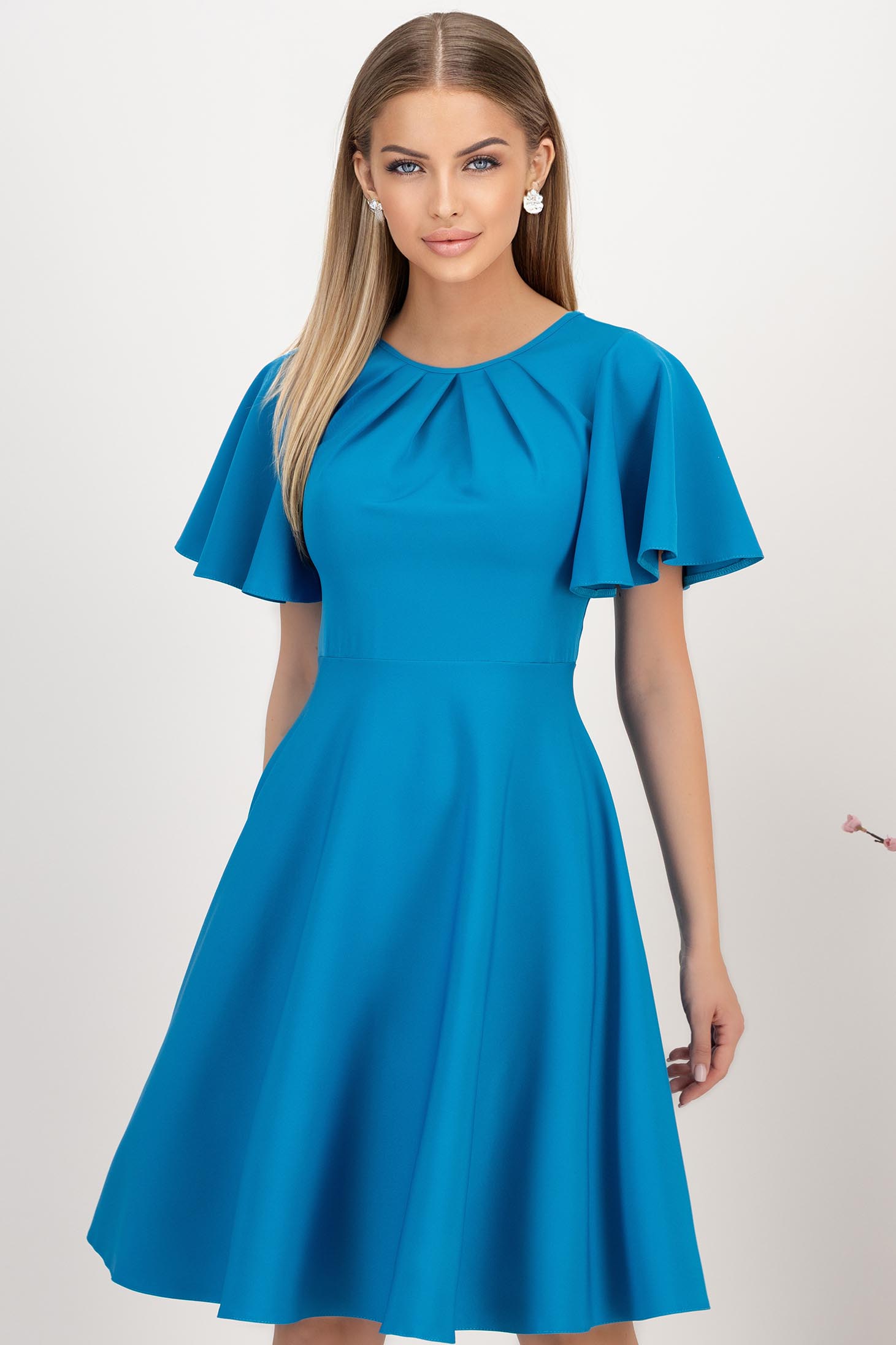 Rochie din stofa elastica albastra pana la genunchi in clos cu maneci tip fluture - StarShinerS 1 - StarShinerS.ro