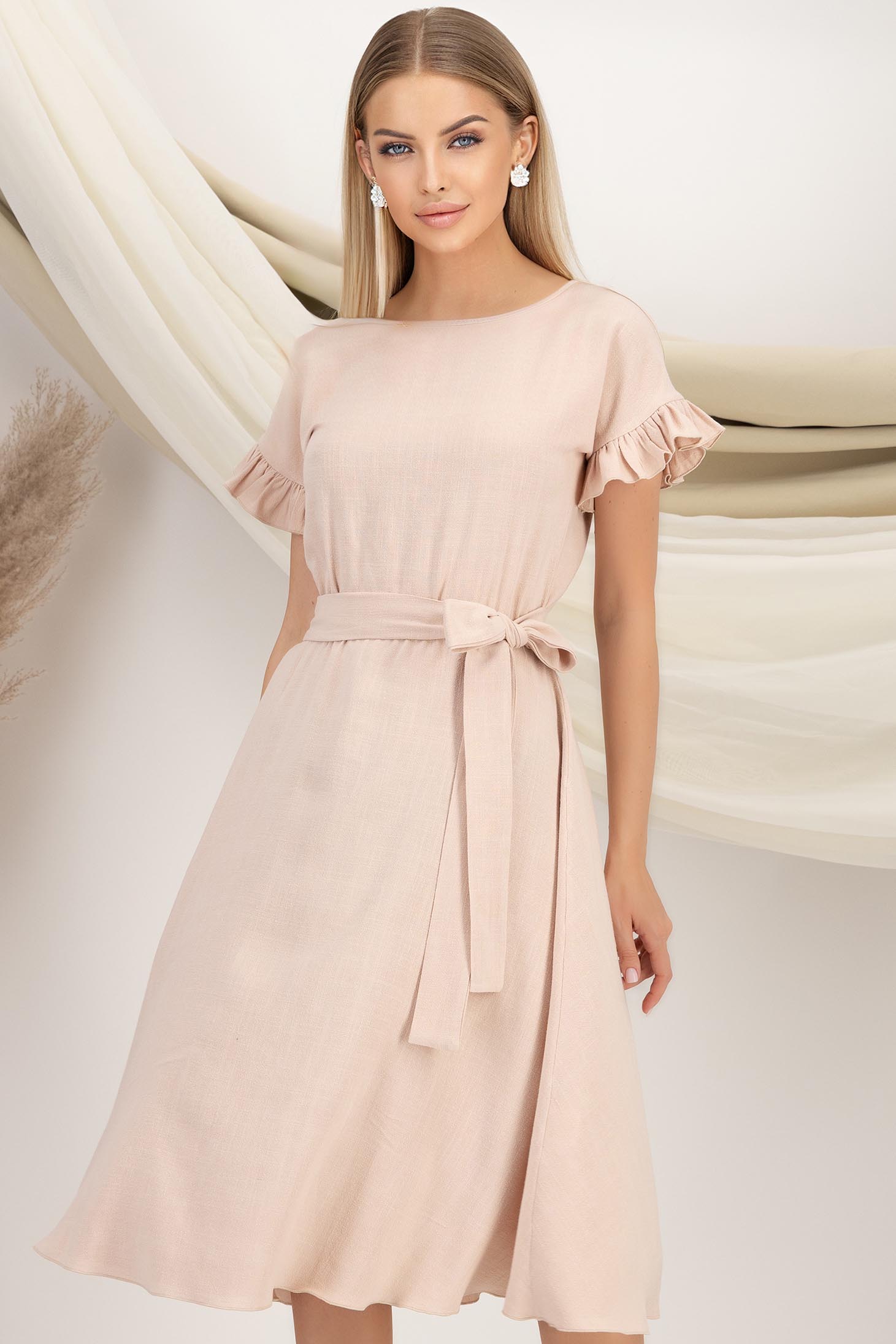 Rochie din in si viscoza bej midi in clos cu elastic in talie si volanase la maneci - StarShinerS 1 - StarShinerS.ro