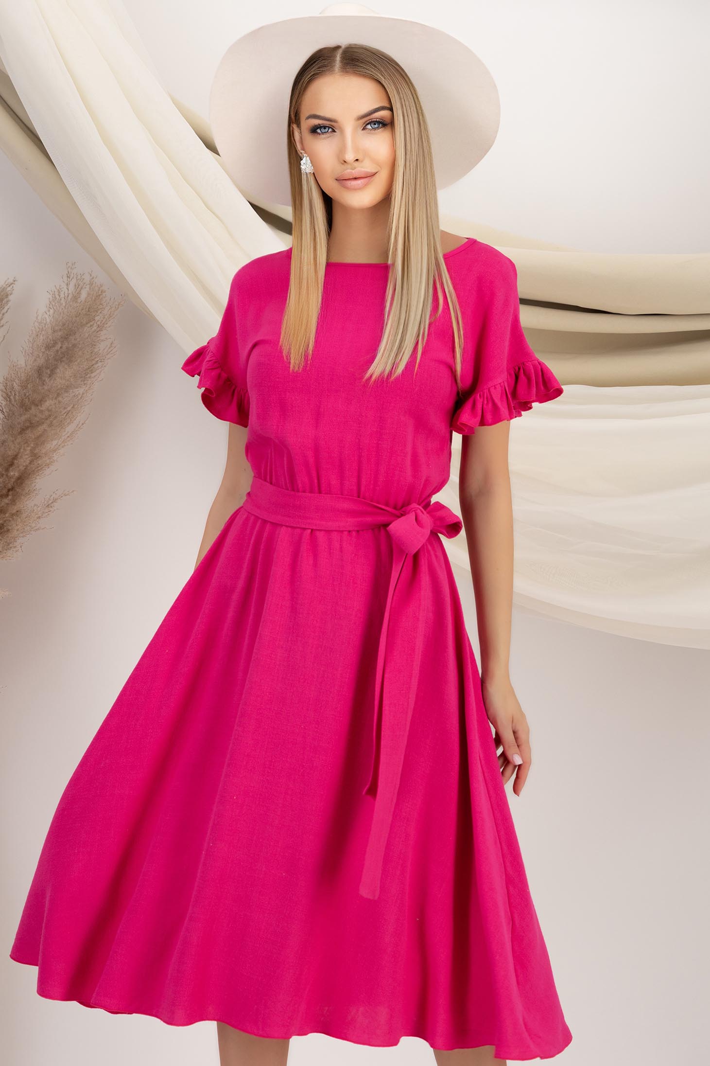 Rochie din in si viscoza roz midi in clos cu elastic in talie si volanase la maneci - StarShinerS 1 - StarShinerS.ro