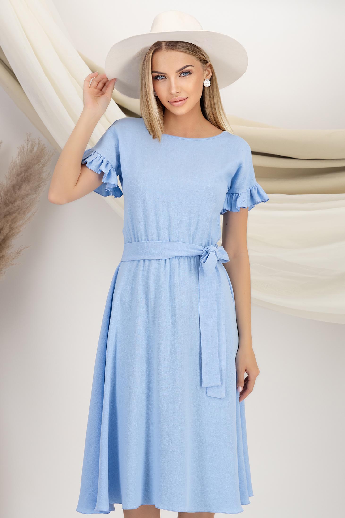 Rochie din in si viscoza albastru-deschis midi in clos cu elastic in talie si volanase la maneci - StarShinerS 1 - StarShinerS.ro