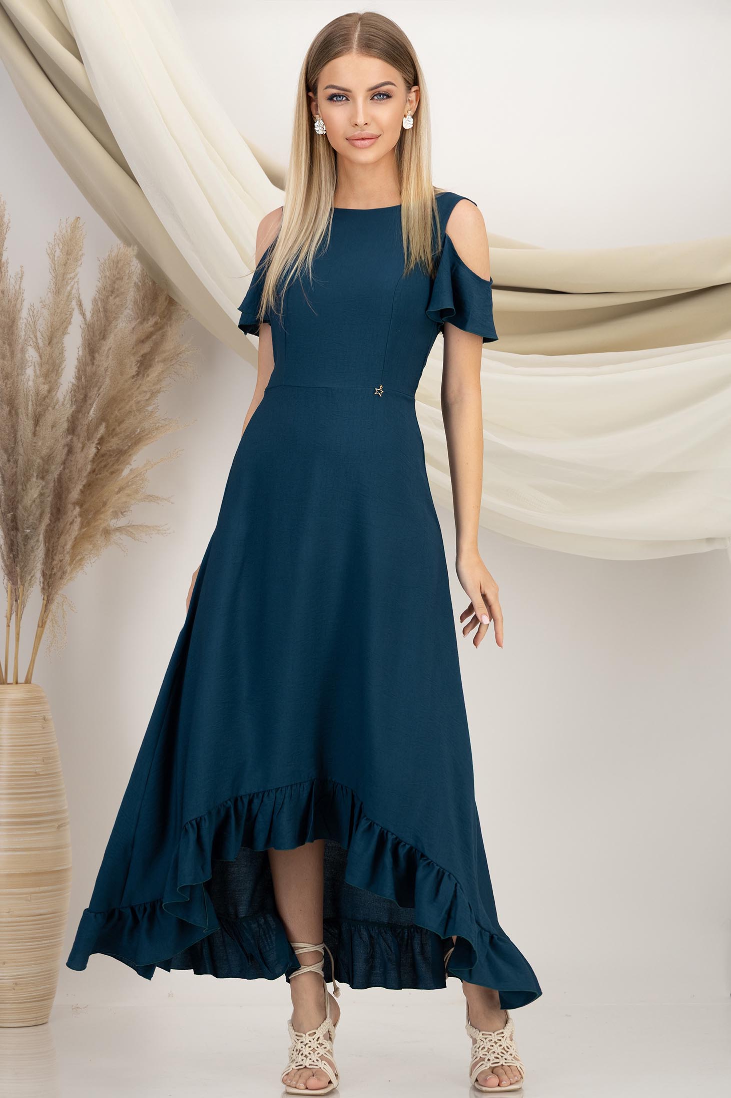 Rochie din viscoza verde petrol midi asimetrica in clos cu umeri decupati si volanas - StarShinerS 1 - StarShinerS.ro