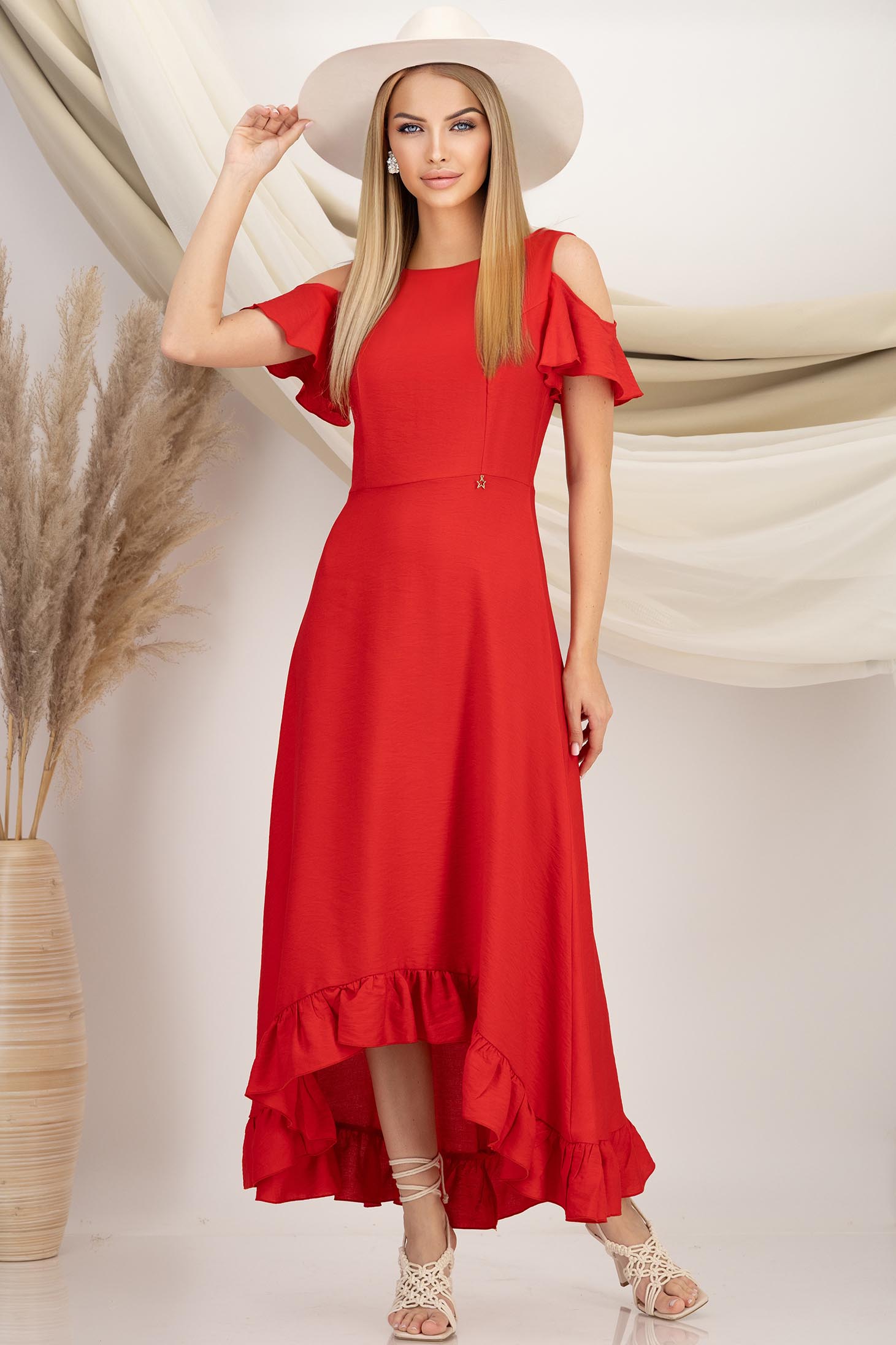 Rochie din viscoza rosie midi asimetrica in clos cu umeri decupati si volanas - StarShinerS 1 - StarShinerS.ro