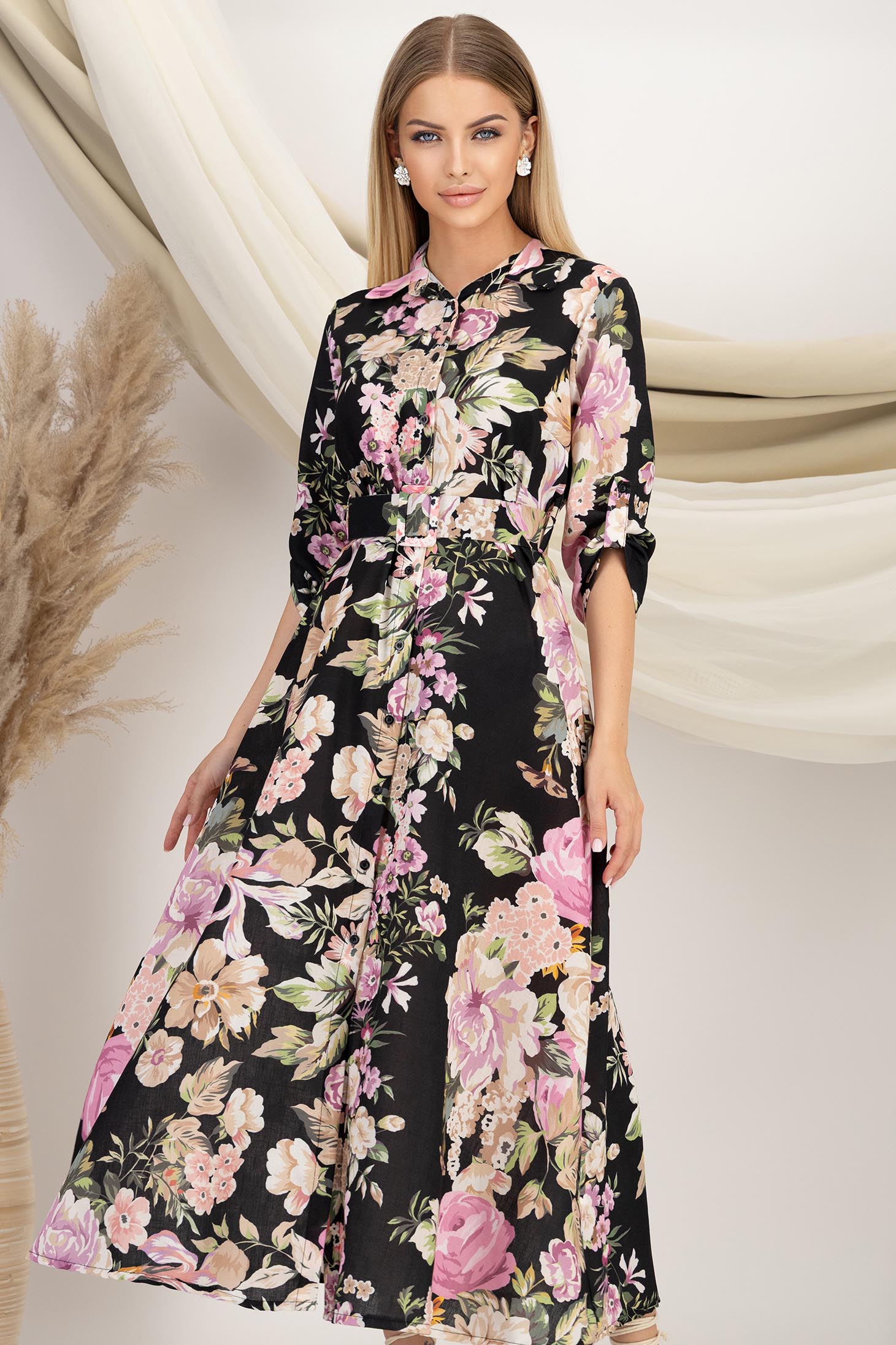 Rochie tip camasa din material subtire tip in neagra cu accesoriu tip curea 1 - StarShinerS.ro