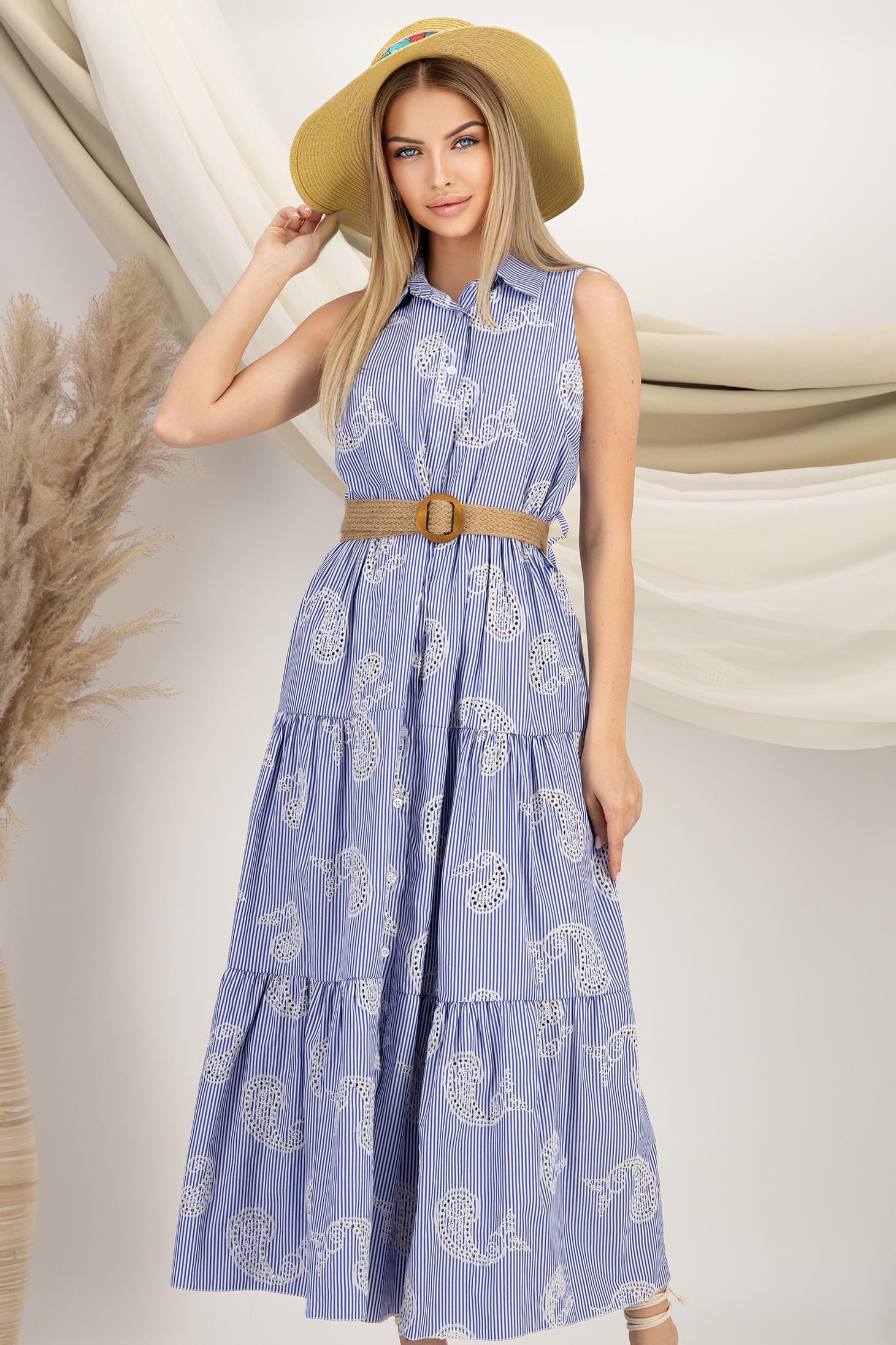 Rochie tip camasa din bumbac albastra midi cu accesoriu tip curea 1 - StarShinerS.ro