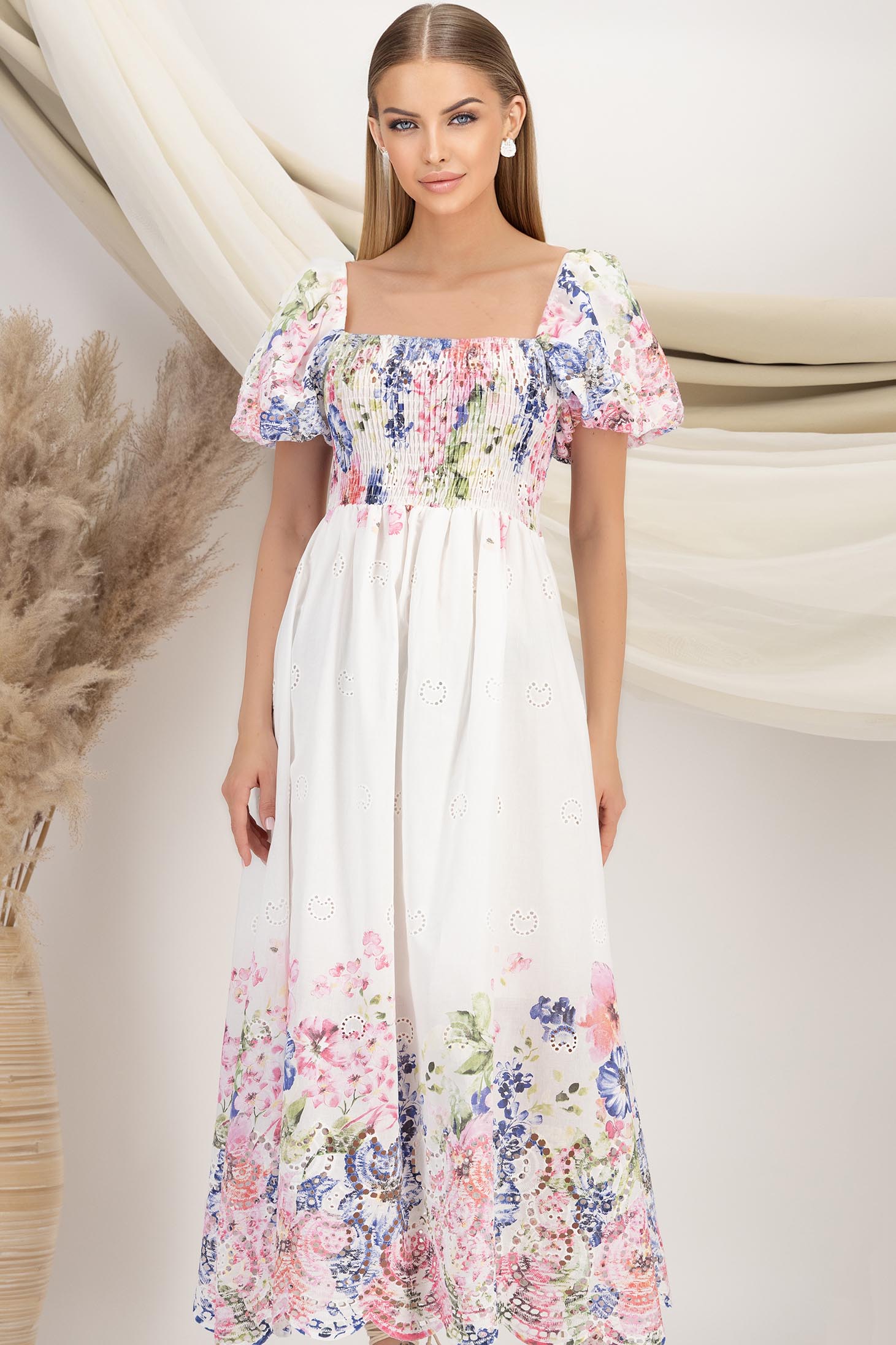 Rochie din bumbac cu detalii brodate alba midi in clos cu elastic in talie si maneci bufante 1 - StarShinerS.ro