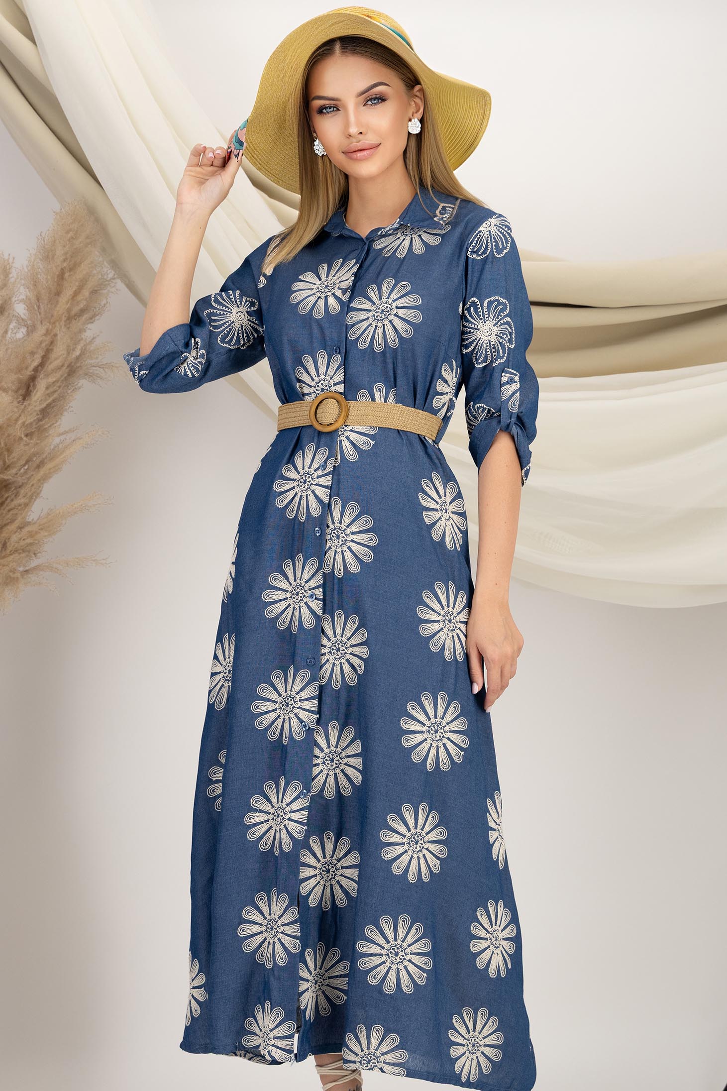 Rochie tip camasa din material subtire albastra midi cu accesoriu tip curea 1 - StarShinerS.ro