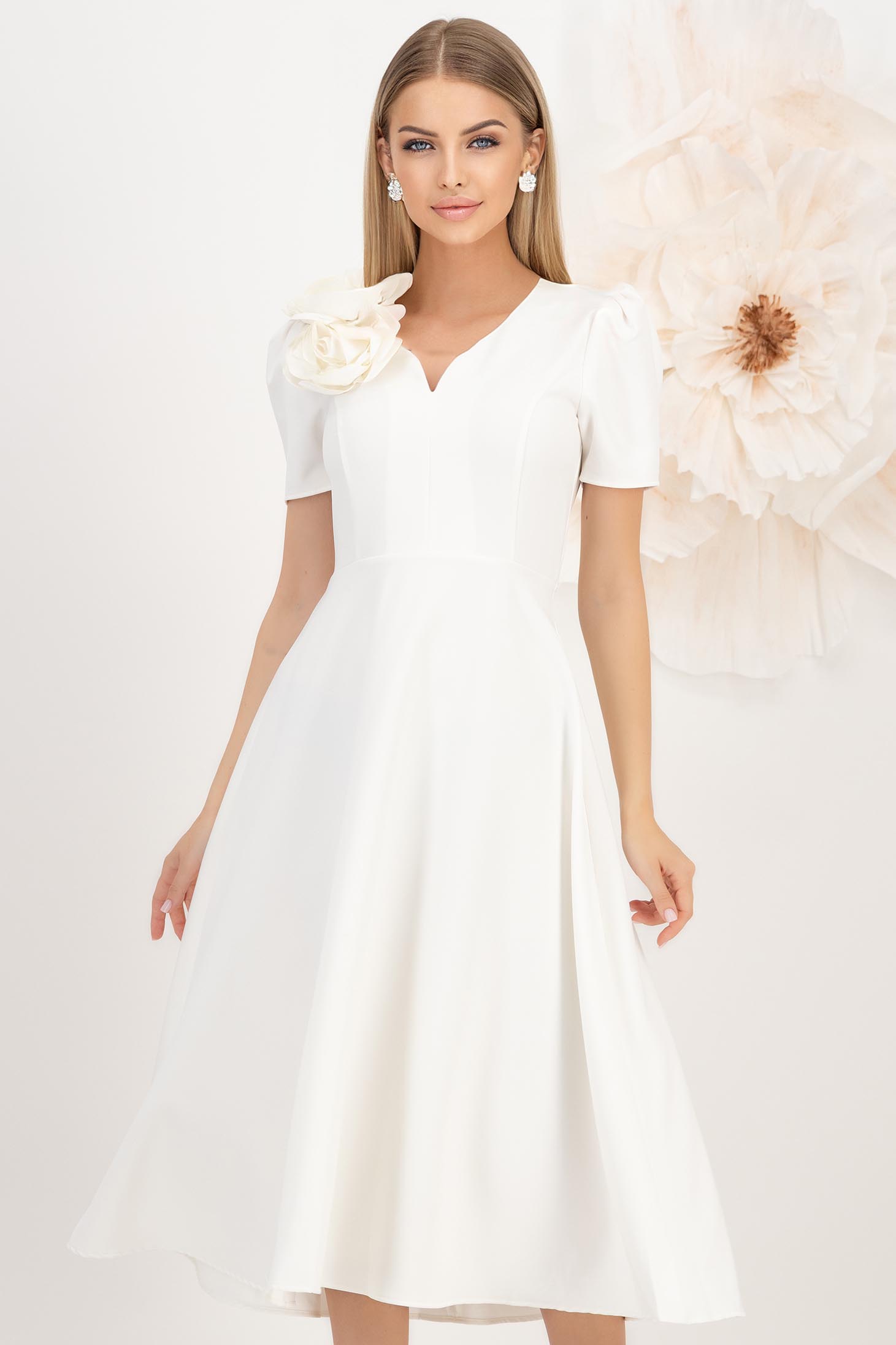 Rochie din stofa elastica alba midi in clos cu decolteu in v accesorizata cu 2 brose 3D - StarShinerS 1 - StarShinerS.ro