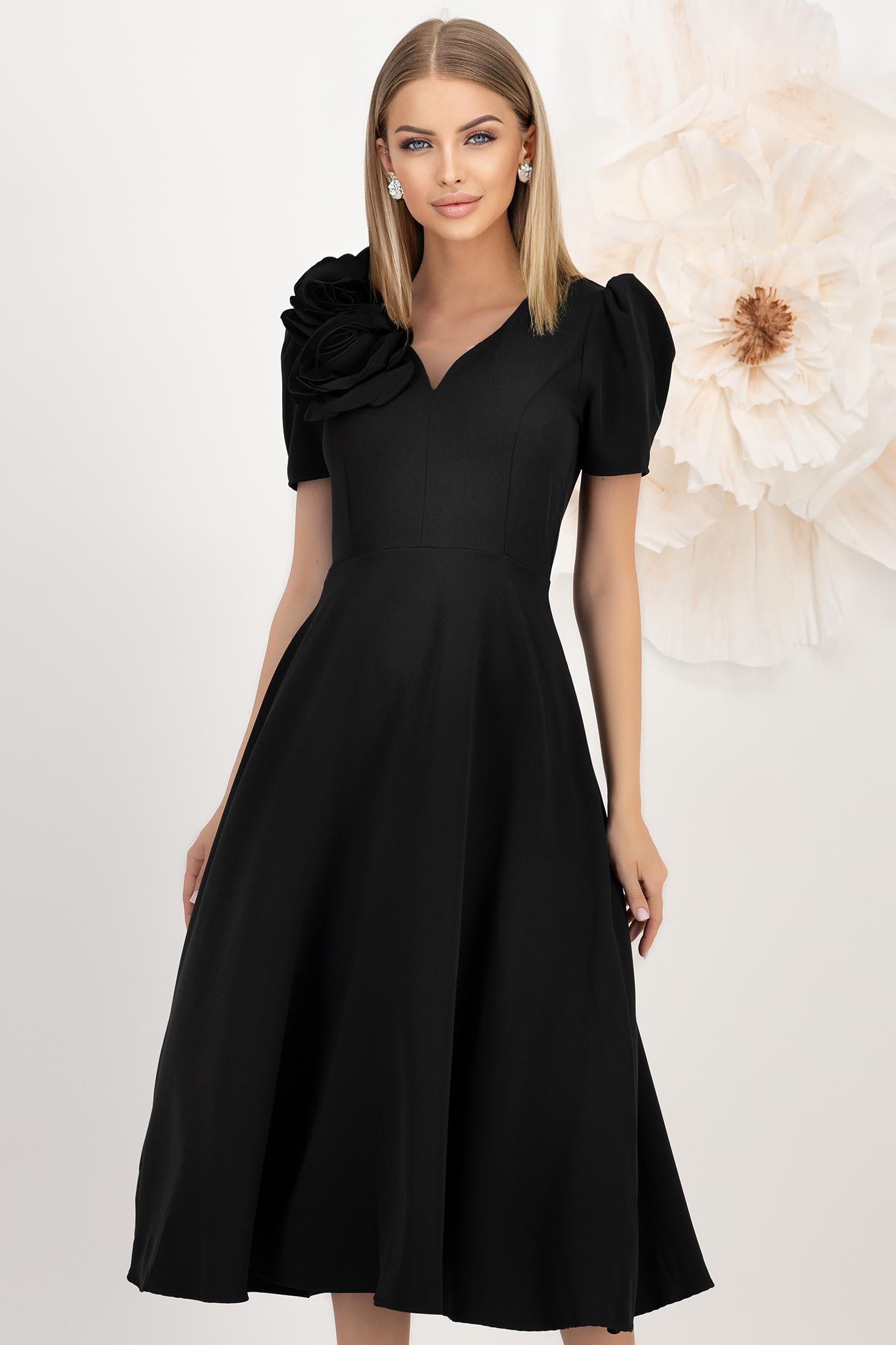 Rochie din stofa elastica neagra midi in clos cu decolteu in v accesorizata cu 2 brose 3D - StarShinerS 1 - StarShinerS.ro